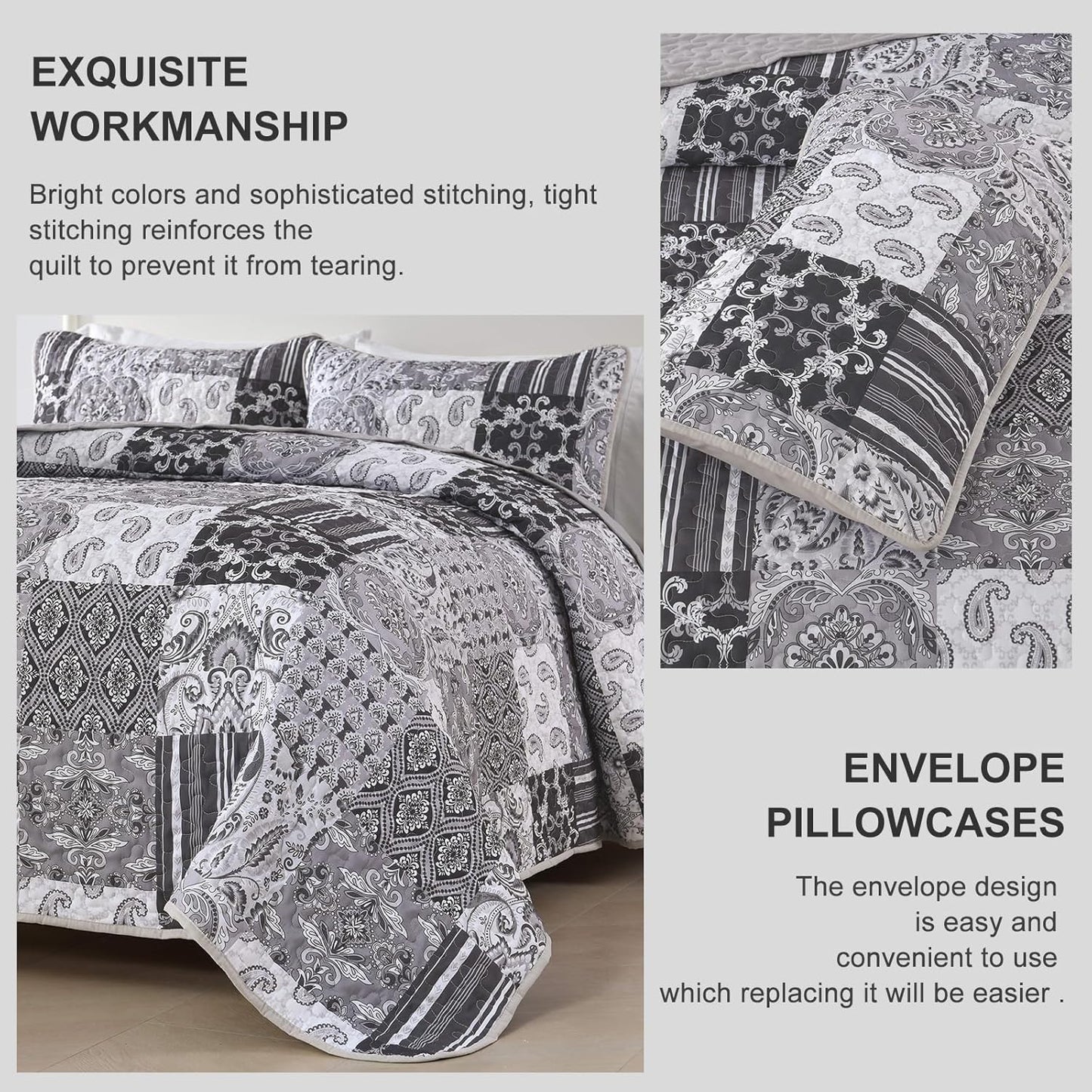WONGS BEDDING Grey Quilt Set Queen Size, Patchwork Plaid Bedspread Bedding Sets Soft Microfiber Boho Quilts for Queen Bed 3 Pieces Coverlet Set for All Season (96"x90")