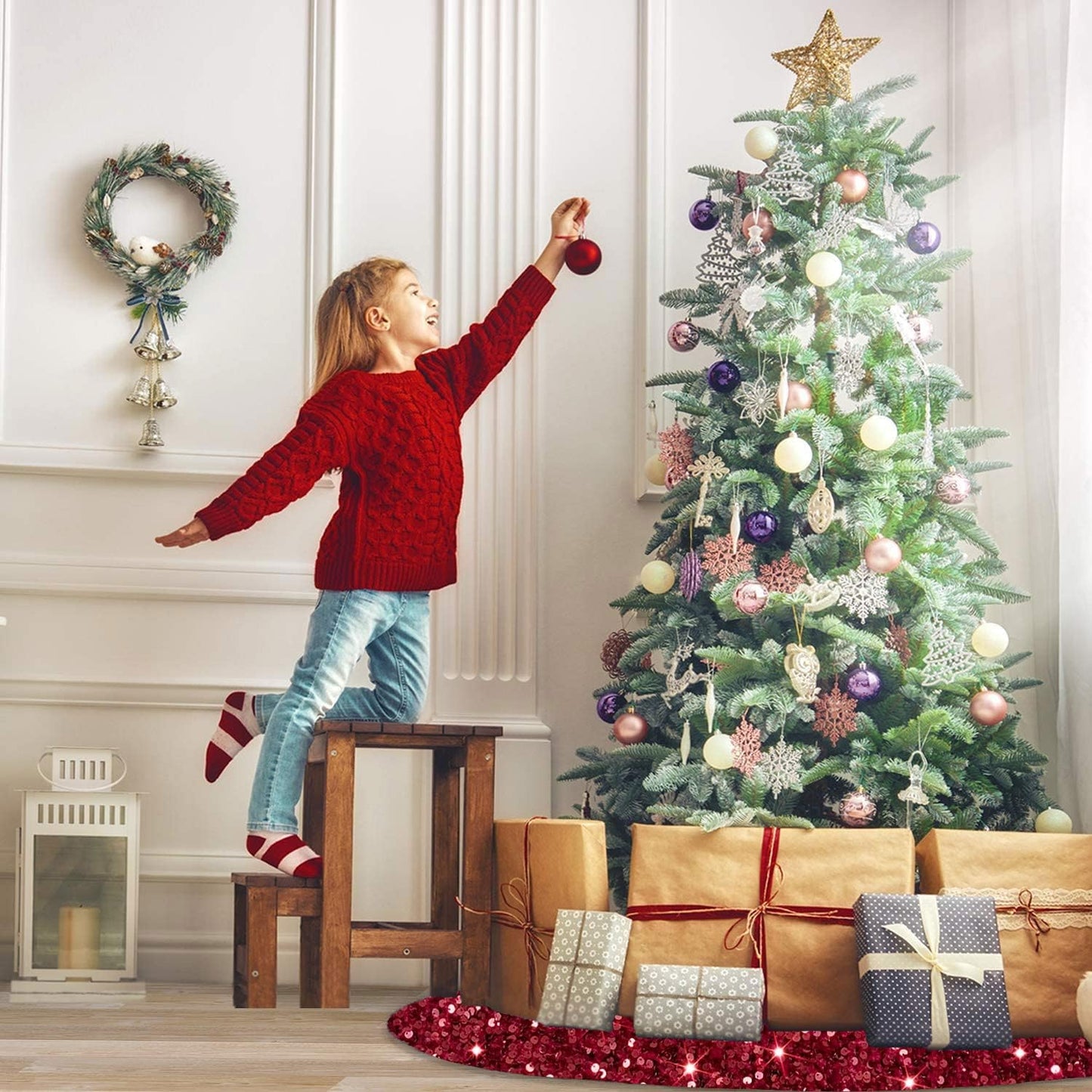 Sequin Tree Skirt 36 Inch Burgundy Christmas Tree Skirt Velvet Fabric Christmas Tree Floor Mat Glitter Tree Skirt Christmas Tree Carpet Wine Red Tree Skirt for Indoor Home Party Decor