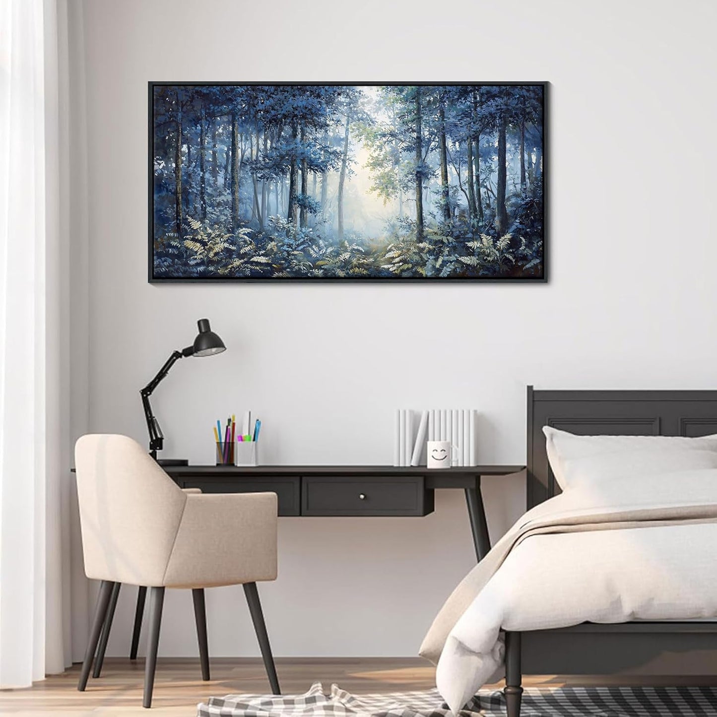 Forest Canvas Wall Art for Living Room - Navy Blue Bedroom Wall Art, Landscape Pictures Wall Decor, Forest Painting, Framed Nature Tree Artwork Walls 20×40IN