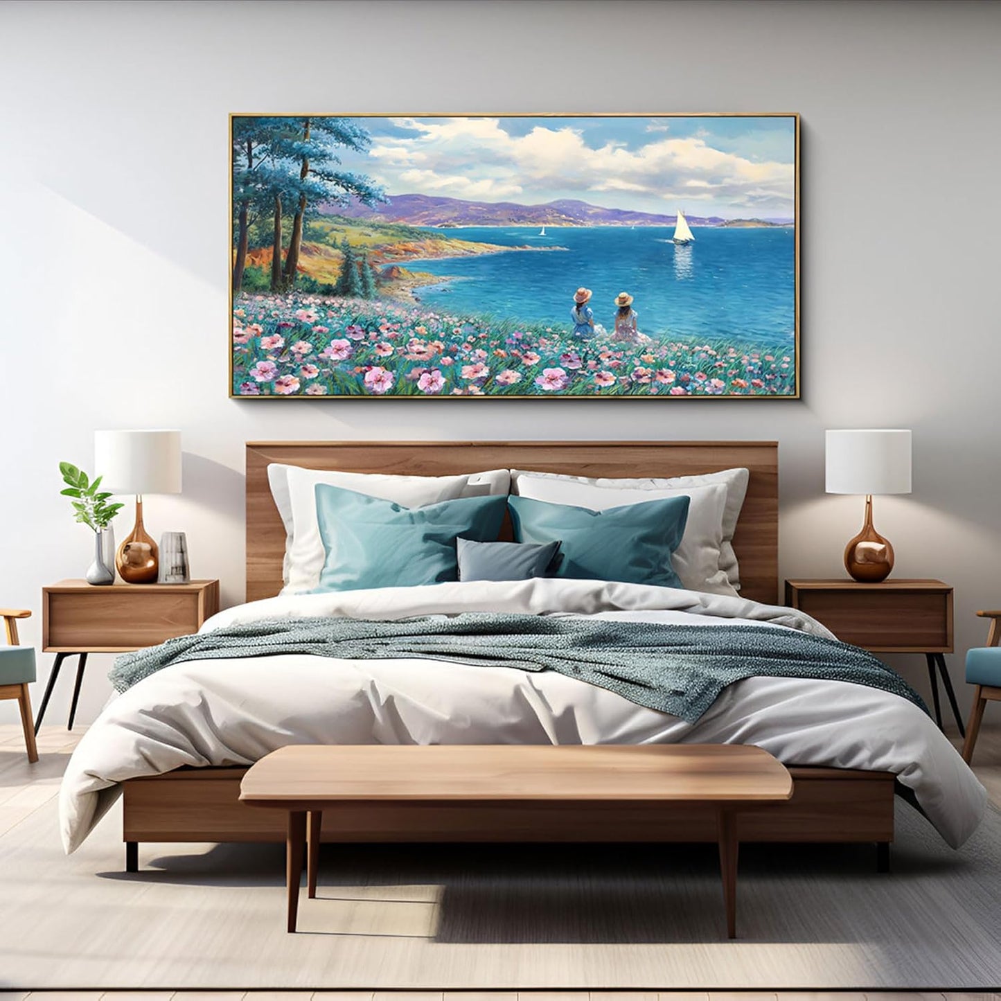 XLSJERST Large Landscape Wall Art - Blue Ocean Pink Flower Sailboat Mountain Tree Decor Orange Frame Artwork for Wall Large Picture for Living Room Bedroom Home Office Wall Decoration Size 29x58