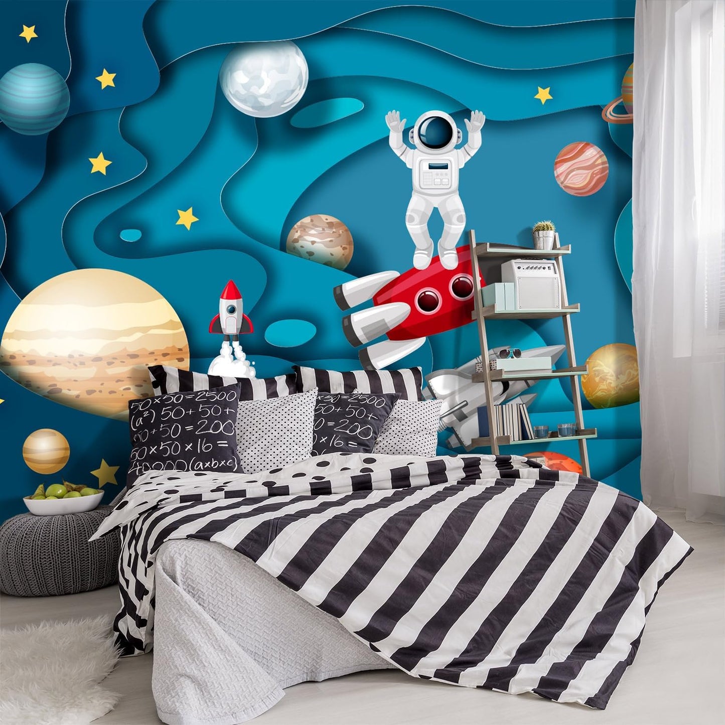 -Kindergarten Children Galactic Planet Fabric Wallpaper Living Room Bedroom Boys Girls Children Cartoon Astronauts Large Mural- 91"x65"（ not Peel and Stick）