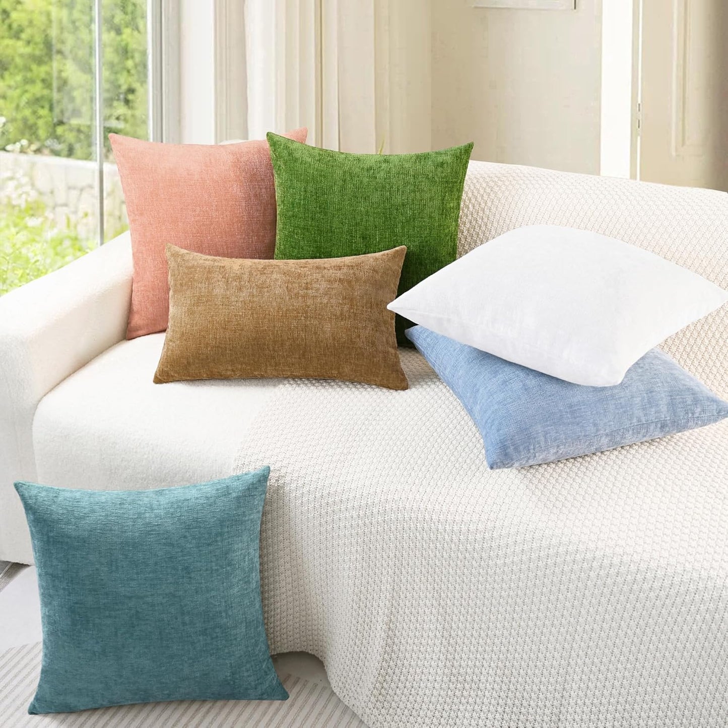 CaliTime Throw Pillow Covers Decorative 24 X 24 Inches Pack of 2 Cozy Chenille Cushion Cases for Couch Sofa Bed Living Room Home Baby Blue