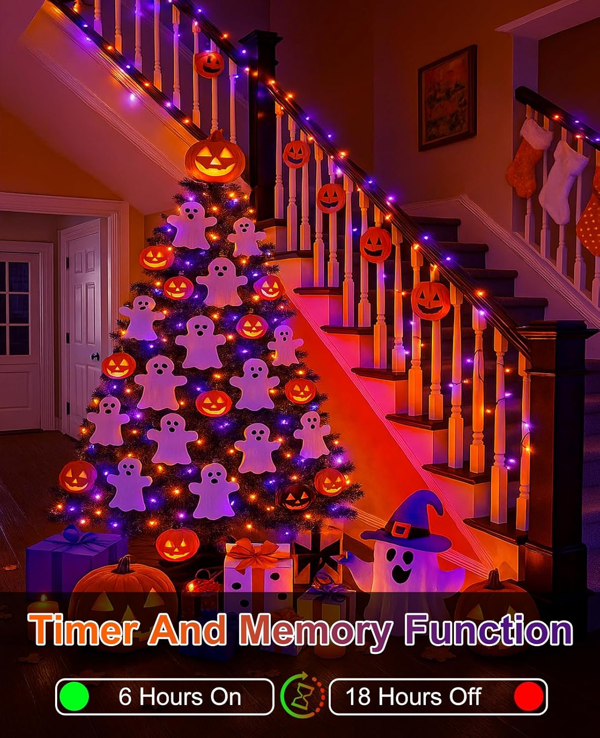 Halloween Lights Outdoor 40FT 120 LED, Green Wire String Lights for Outside Waterproof, 8 Modes Connectable Twinkle Tree Light for Indoor Bedroom Yard Party Holiday Decorations, Purple Orange