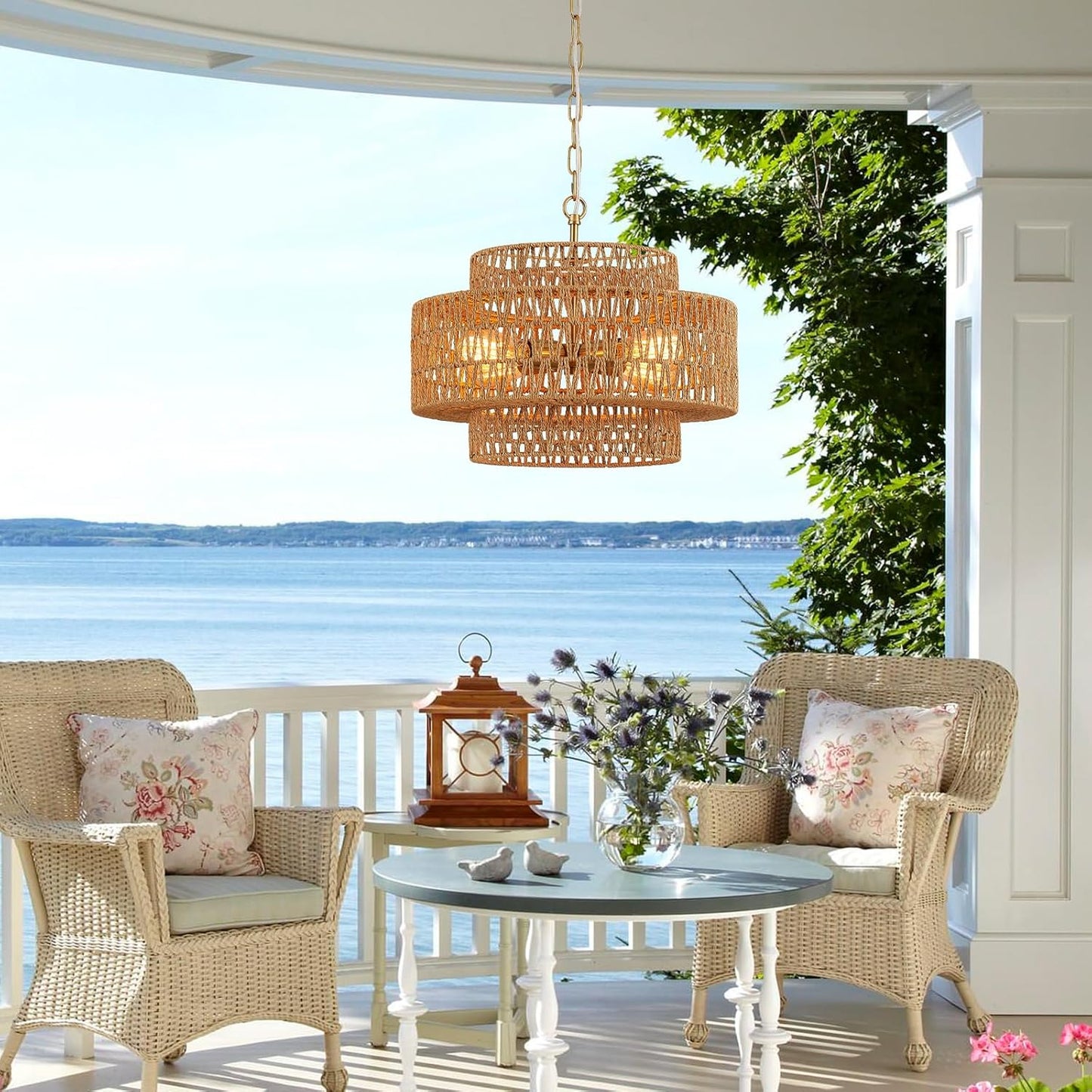 Hand-Woven Rattan Chandelier Vintage 4-Light 17.7" Farmhouse Boho Bamboo Chandelier Light Fixture Retro 3-Tier Drum Wicker Rattan Golden Chandeliers for Dining Room, Kitchen Island, Bedroom