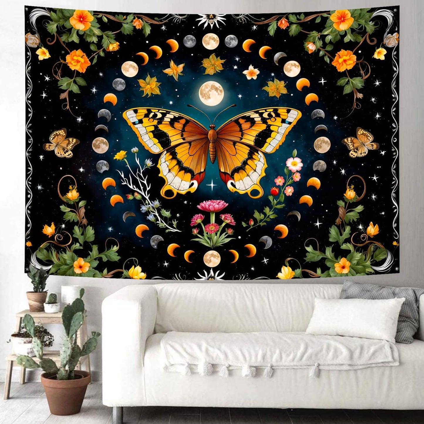 Delur Butterfly Moon Flower Tapestry Botanical Floral Plant Boho Tapestry Wall Hanging Mandala Aesthetic Mushroom Retro Vintage Headboard for Bedroom Living Room Home Decor (51.2" x 59.1")