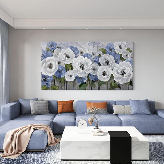 Large Canvas Wall Art for Living Room, Blue and White Textured Floral Wall Art, Flower Wall Pictures and Paintings, Nature and Landscape Artwork, Bedroom Wall Decor