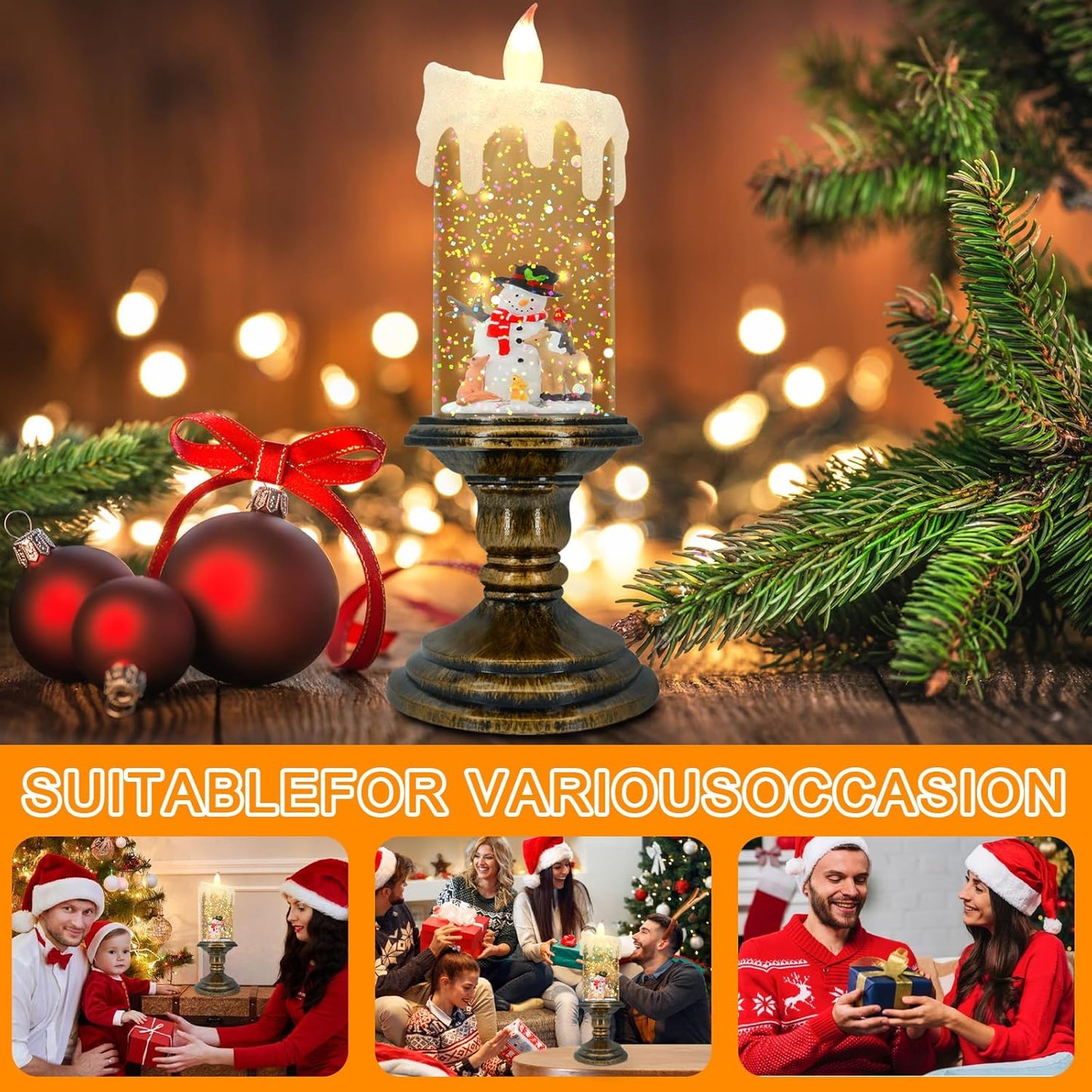 Christmas Flameless Candles, Flickering Flameless Candles with Timer, LED Candles Battery Operated, Snow Globe Candle Light for Christmas Decorations