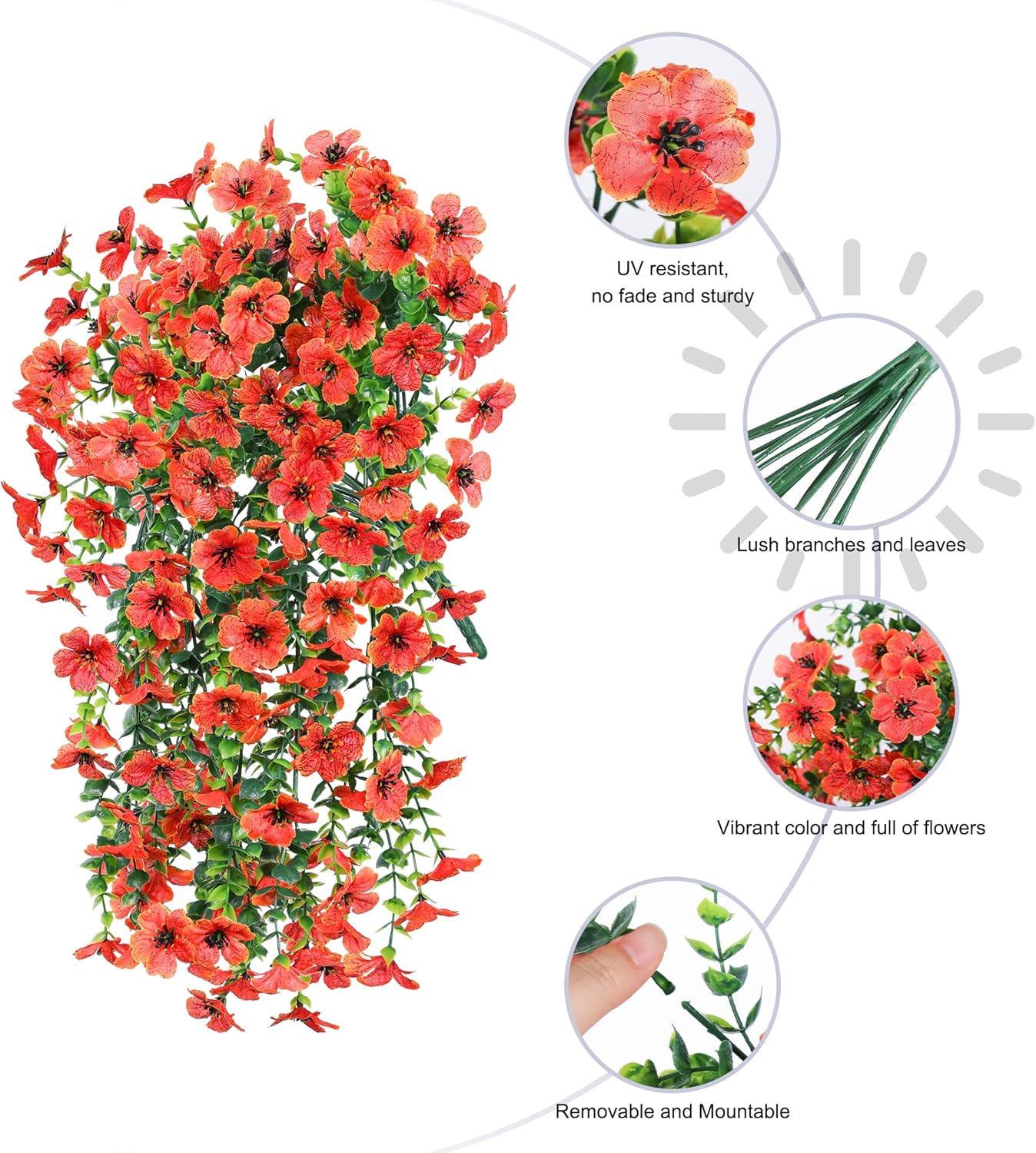 INSPRING Fall Fake Mums Artificial Flowers Hanging Decoration for Outdoors, 2Pcs Orange Daisy with Autumn Eucalyptus Leaves, Realistic Plants Decor, Silk Flower for Porch Patio Balcony Planter Yard