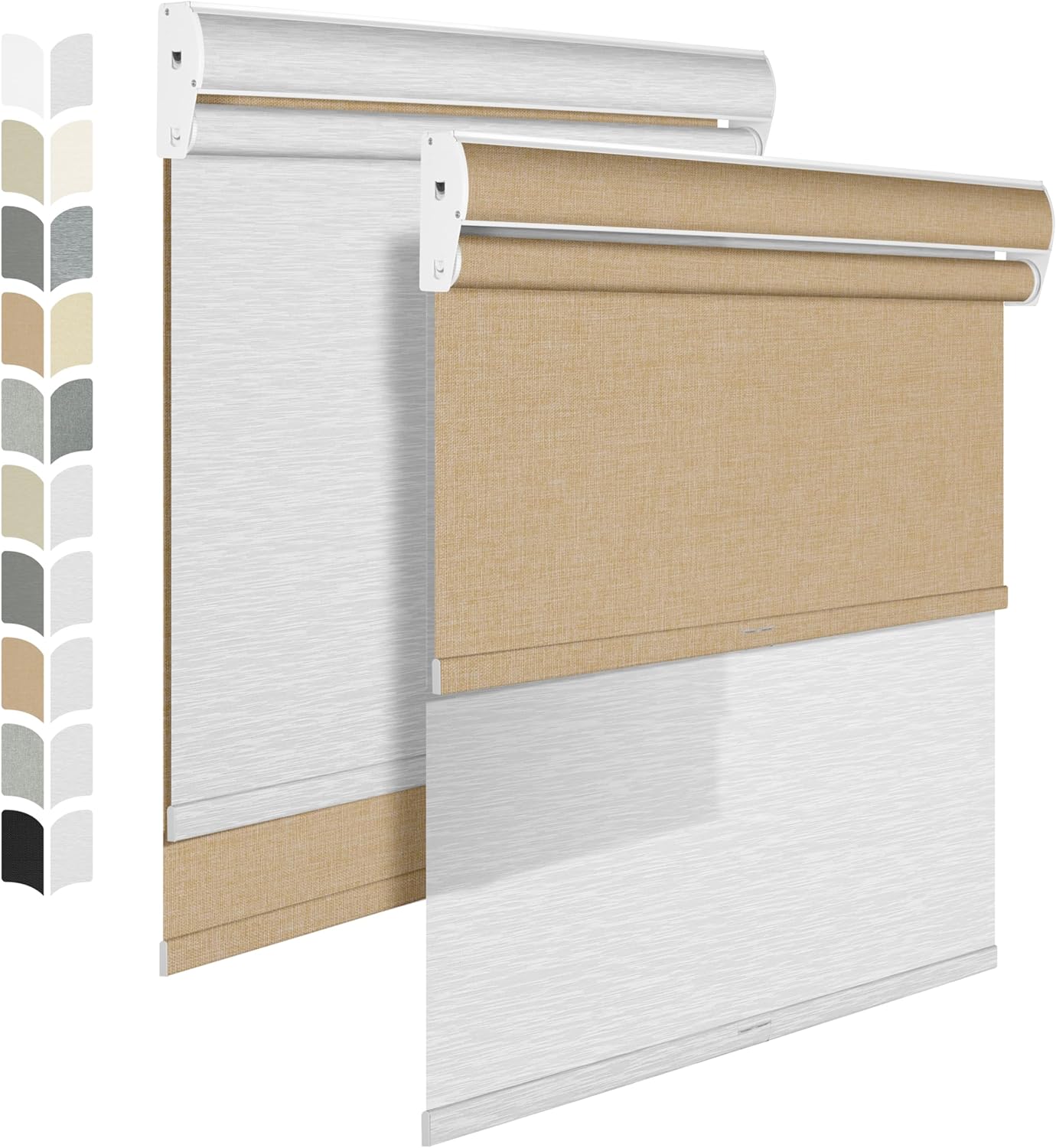Berrissa Cordless Dual Roller Shades with Cassette Valance, Double Window Shades with Blackout and Light Filtering Day and Night Roller Shades, Linen Beige and White. 38 W x 44" H
