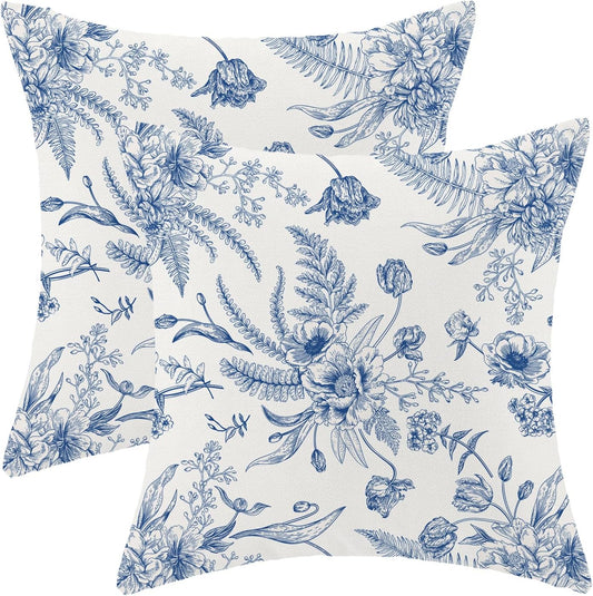 CXMEIFLY Spring Floral Leaves Pillow Covers 24 x 24 Inch Set of 2 for Chinoiserie Flowers Decor Throw Pillows Blue and White Seasonal Plant Outdoor Decorative Cushion Cases for Couch Bed Decorations