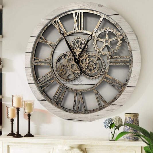 The Gears Clock The Original Real Moving Gear Wall Clock Vintage Industrial Oversized Rustic Farmhouse (24 inch (60cm),White Farmhouse)