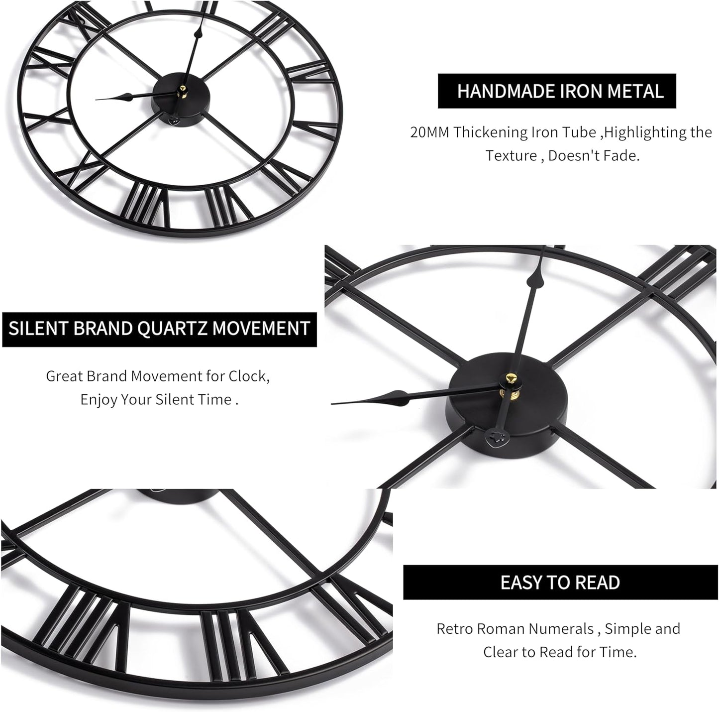 Large Modern Metal Wall Clocks Rustic Round Nearly Silent Little Ticking Battery Operated Roman Numerals Clock for Living Room/Bedroom/Kitchen Wall Decor-(Black, 47cm)