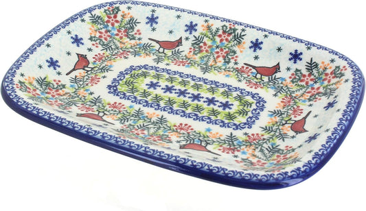 Blue Rose Polish Pottery Winter Cardinal Medium Rectangular Serving Platter