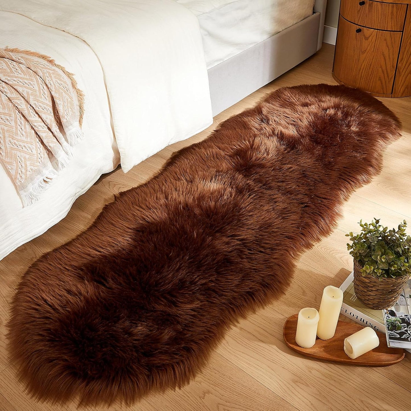 AMTOVO Faux Sheepskin Rug, Coffee Ultra Soft Fluffy Shag Area Rug, 2 x 6 ft Faux Fur Rug for Bedroom Sofa Throw Cushion Room Decor, Sheepskin