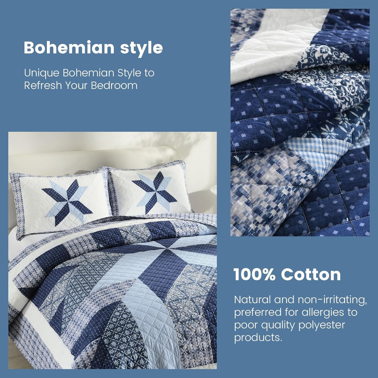 Secgo Handmade Quilted 100% Cotton King Comforter Set for Bed - 100% Cotton Quilts King Size, Black Bedspreads (96 * 108 Inch) with 2 Pillow Shams, Patchwork Reversible Lightweight Bedding