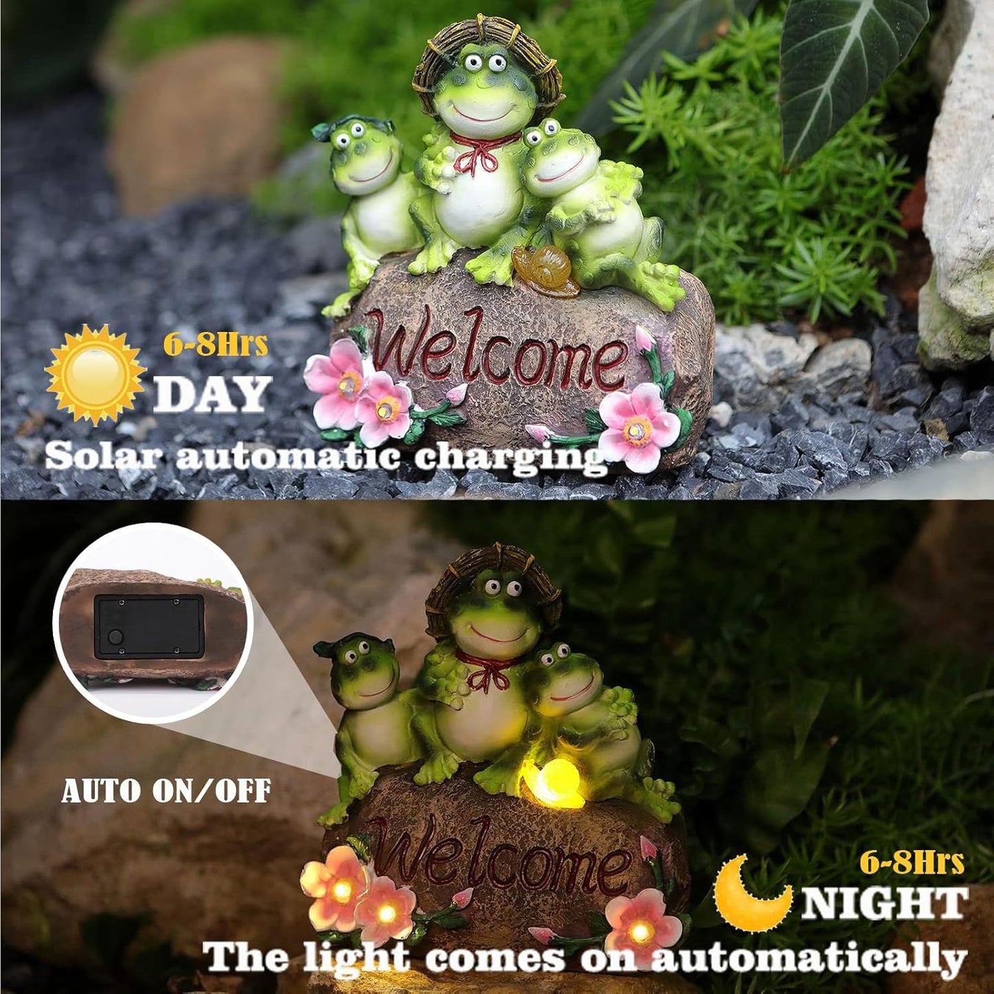 Funny Frog Statues For Garden - 7'' Mothe & Sons Solar Frog Garden Decor Frog Garden Statue For Yard Patio porch Lawn Birthday Christmas Thanksgiving Housewarming Frog Gifts For Women Mother.