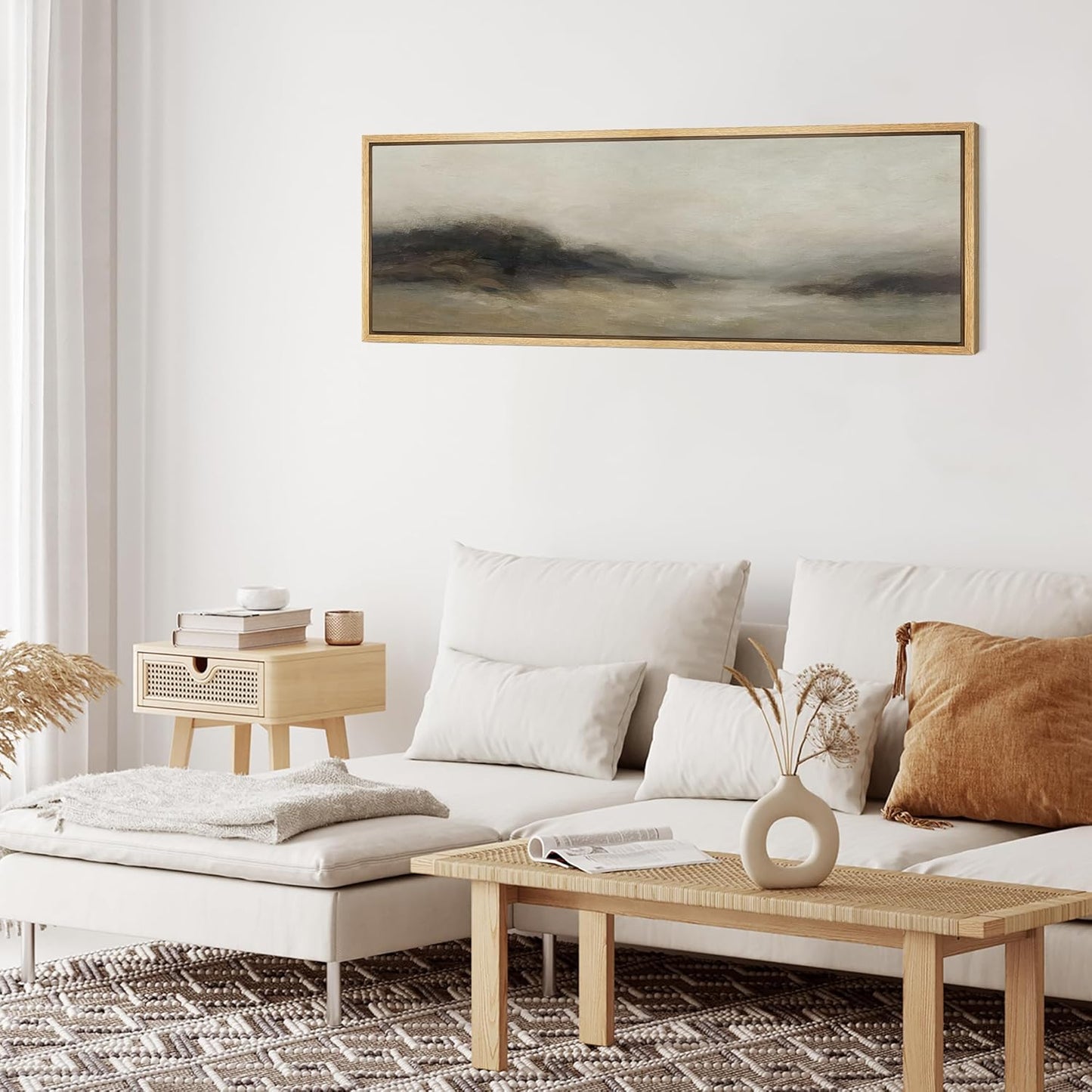 MUDECOR Large Framed Canvas Print Wall Art Foggy Mountain Horizon Landscape Neutral Tones Abstract Illustrations Decorative Colorful for Bedroom - 60"x20"