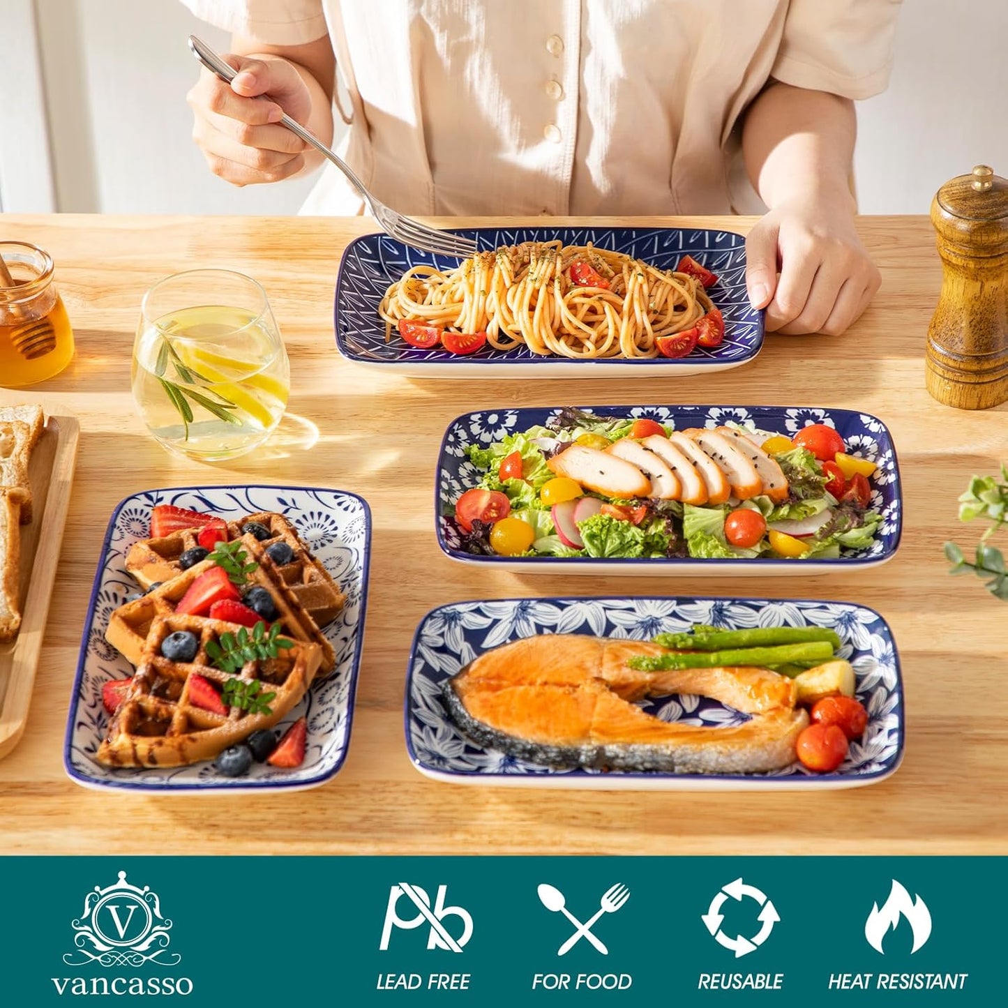 vancasso Selene 9.5 Inch Rectangular Dinner Plates Set of 6, Ceramic Salad Plates for Dessert, Appetizer, Porcelain Serving Platters for Entertaining, Microwave & Oven Safe, Vintage Blue & White Color