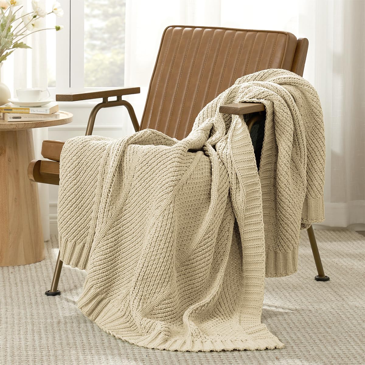 Amélie Home Chenille Knit Throw Blanket for Couch, Chevron Texture Decorative Soft Blanket for Sofa, Bed & Chair, 50"x60", Beige
