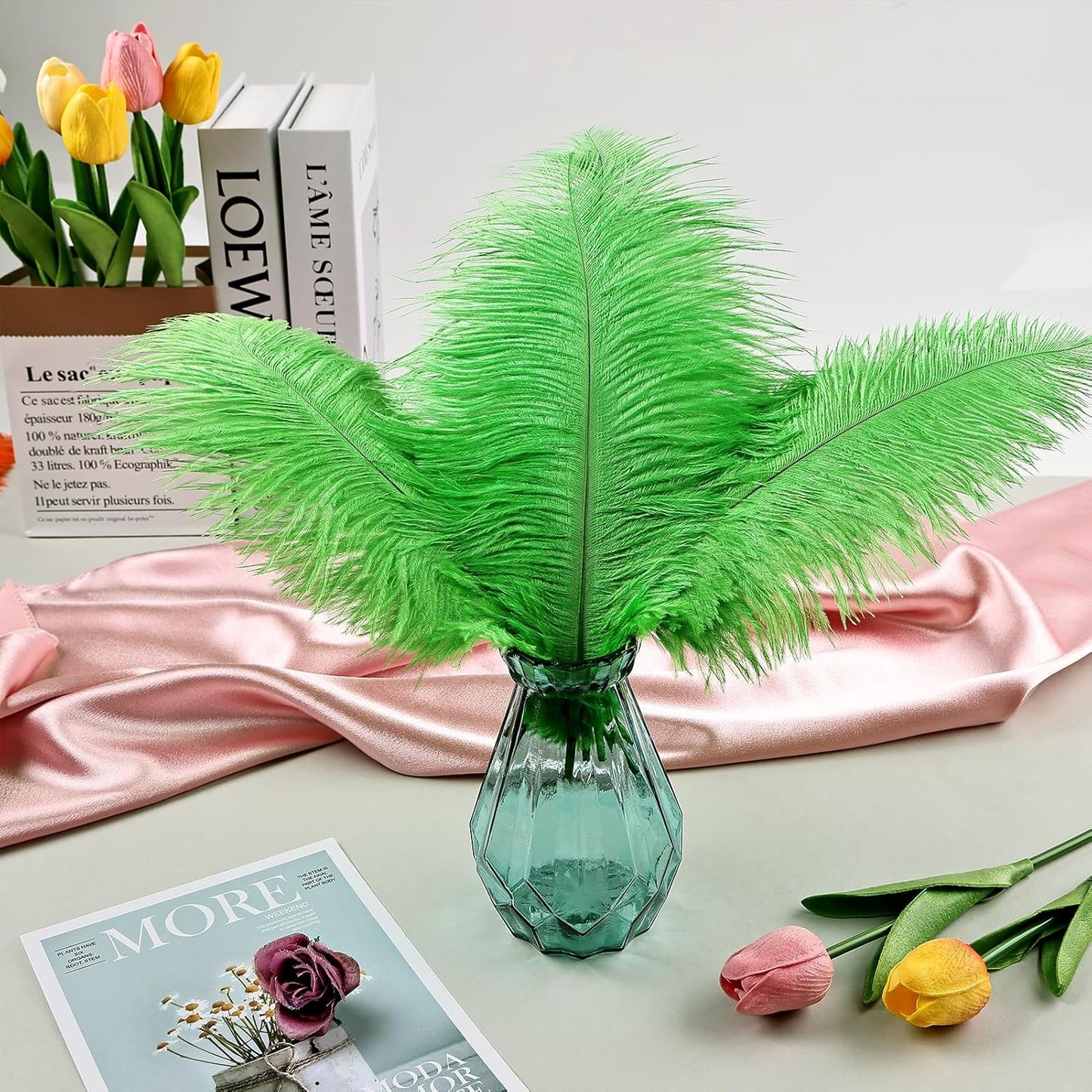 THARAHT Green Ostrich Feathers 24pcs Natural Bulk 8-10Inch 20cm-25cm for Crafts Wedding Party Centerpieces Mardi Gras and Home Decoration Feathers