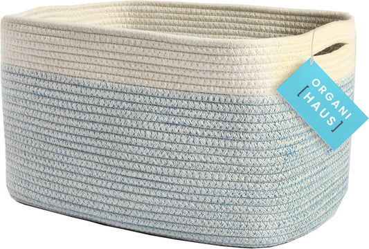 OrganiHaus Woven Storage Baskets for Organizing, Cotton Rope Organizer Bins for Shelves, Closet & Nursery, Dog Toy Basket, Decorative Bins for Toys, Towels & Books - 15x10x9, Blue/Off-White
