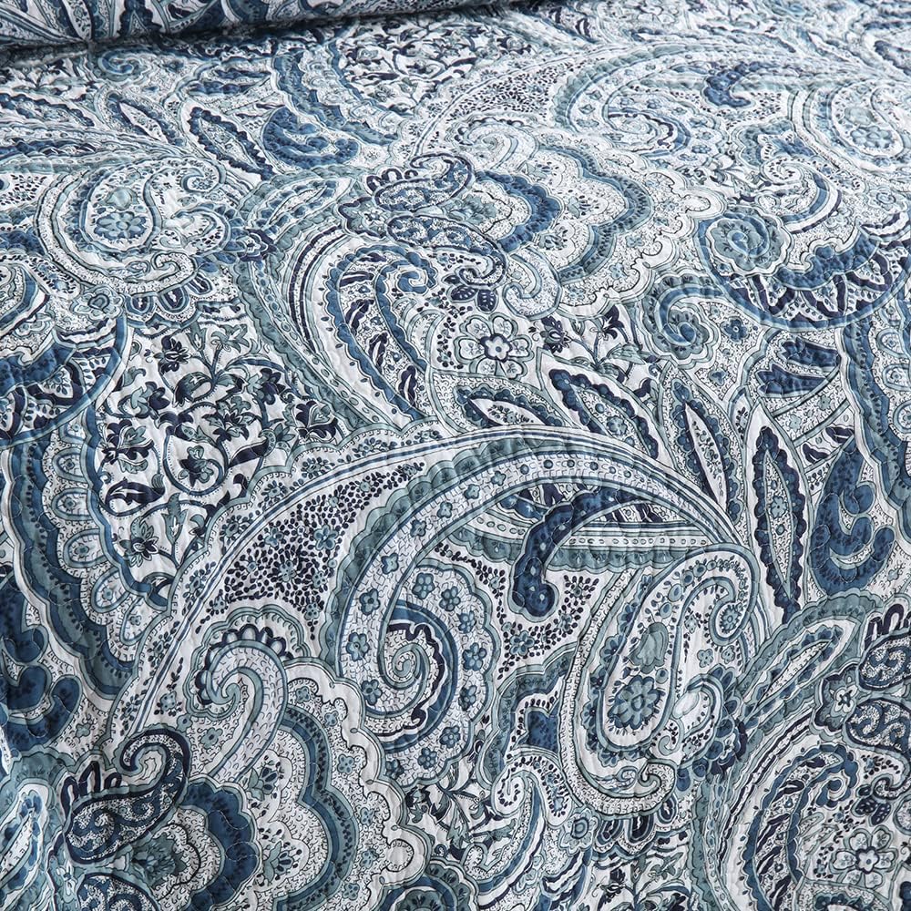 Autumn Dream Cotton Bedspread Quilt Sets, 3 Pieces Reversible Comforter Coverlet Sets,Blue Floral Paisley,Queen Size