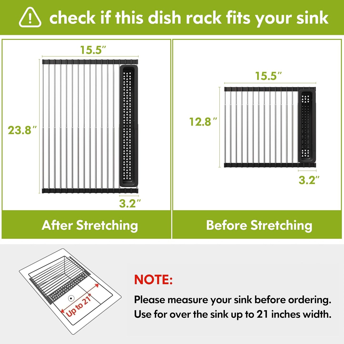 Dish Drying Rack, Roll Up Dryer Rack for Inside Sink, Expandable (12.8"-23.8" D x 15.5" W) 304 Stainless Steel Dish Drainers for Kitchen Counter, Over Sink Cover with Utensil Holder