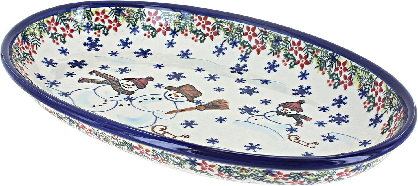 Blue Rose Polish Pottery Snowflake Friends Oval Platter