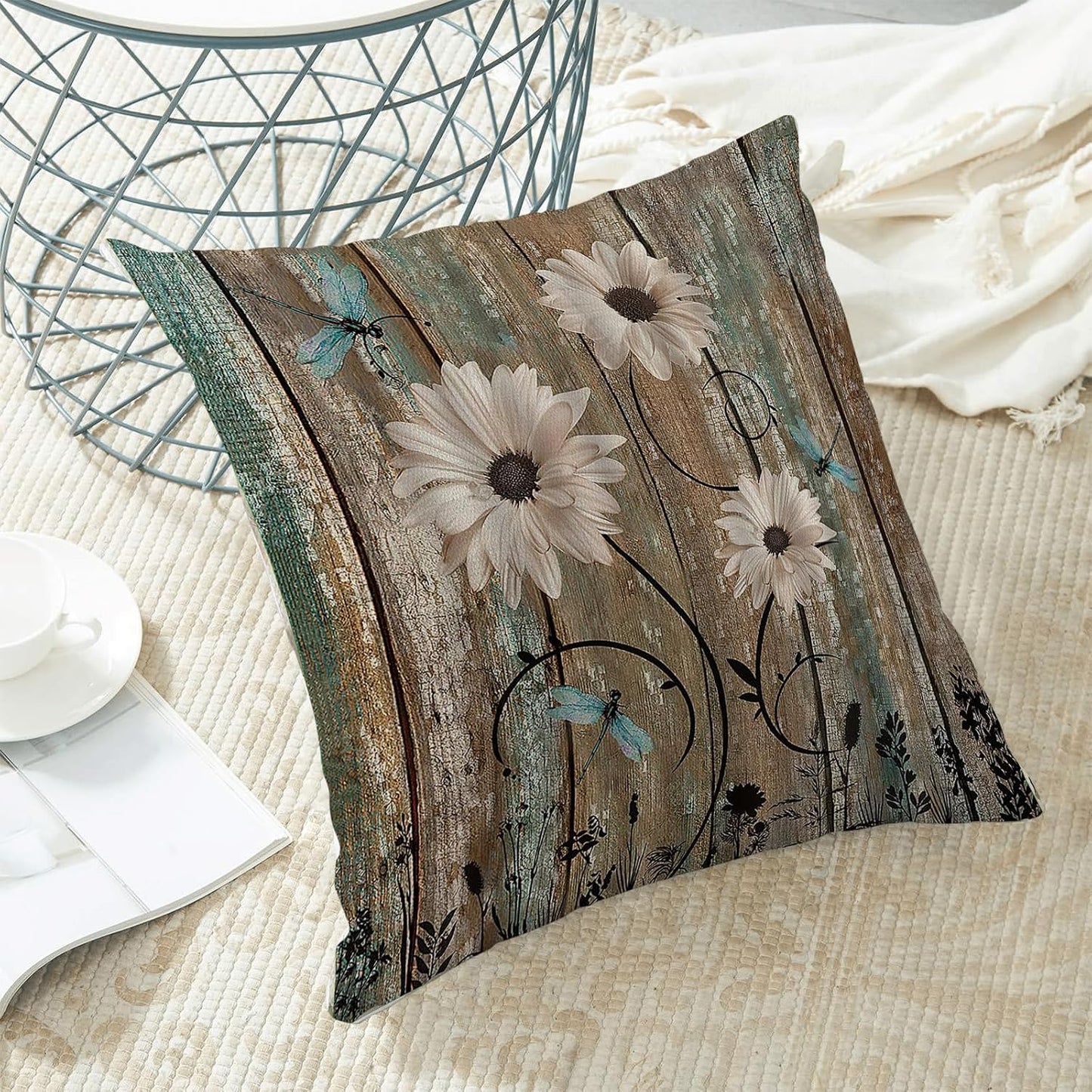 CXMEIFLY Spring Floral Pillow Covers 18 x 18 Inch Set of 2 for Brown Wood Texture Daisy Flowers Decor Throw Pillows Dragonfly Plant Floral Outdoor Decorative Cushion Cases for Couch Bed Decorations