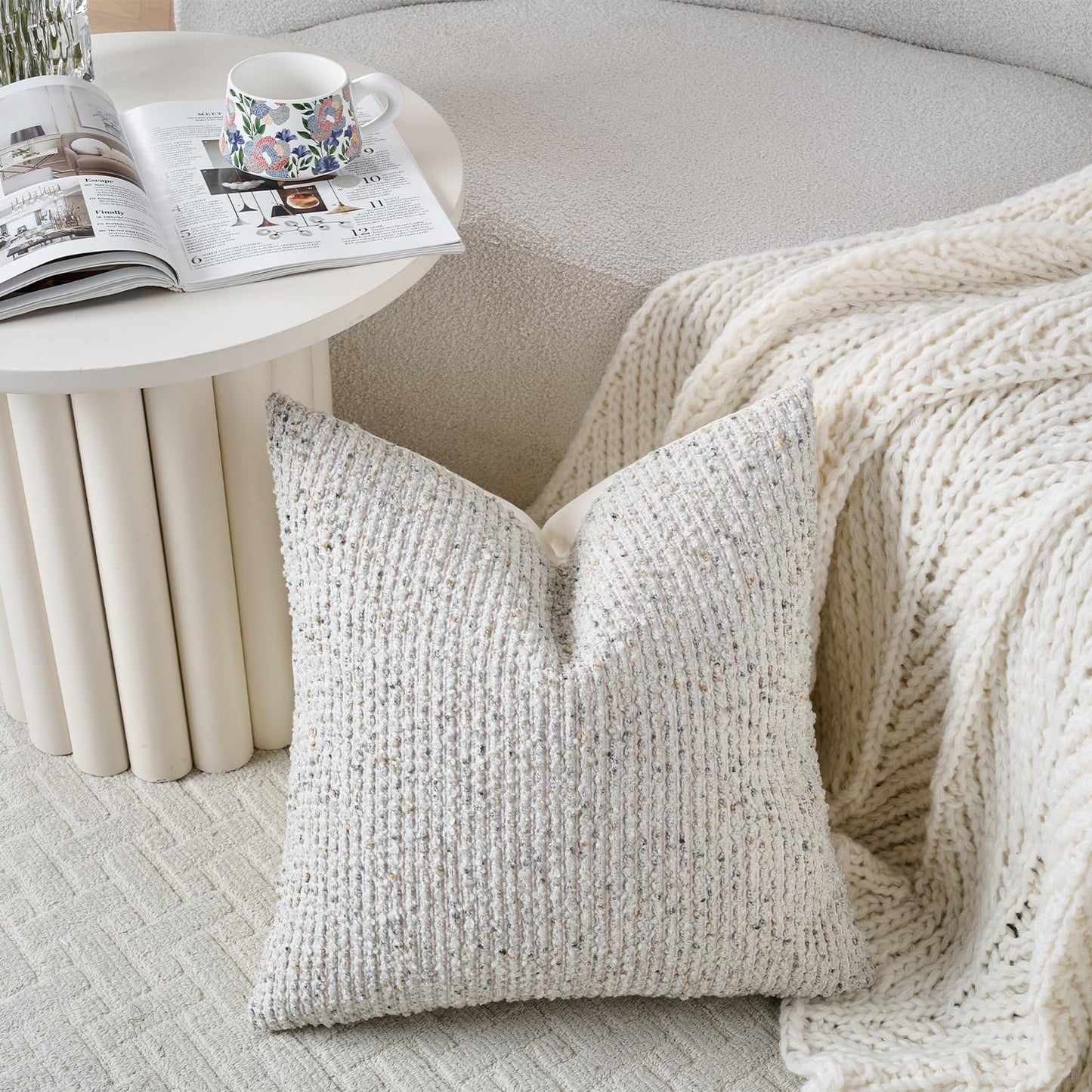 Striped Throw Pillow Covers 20x20 Set of 2 Cream Grey Textured Boucle Chic Morden Boho Accent Farmhouse Square Decorative Couch Pillow Covers for Home Decor Bed Sofa Living Room