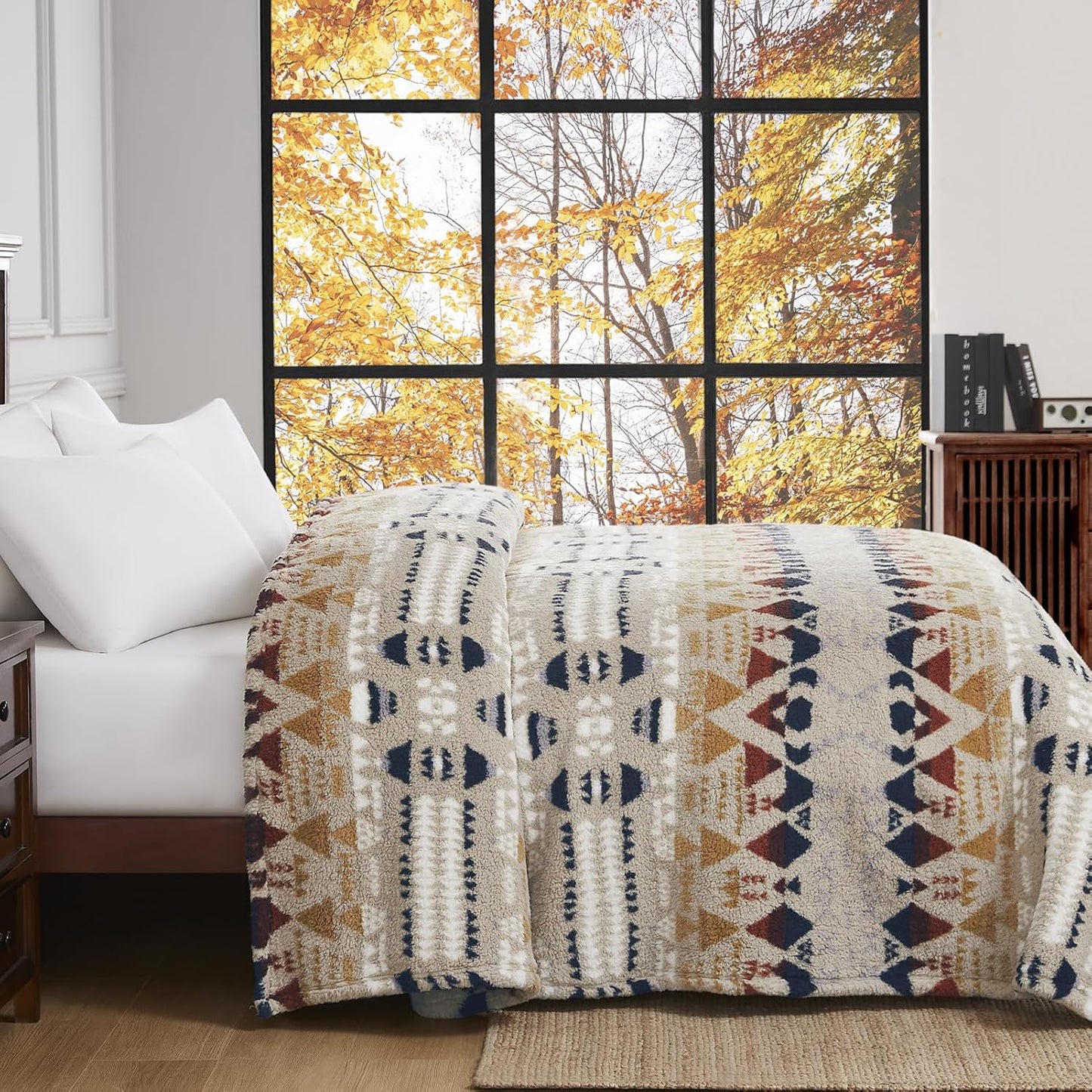 CASAAGUSTO Boho Sherpa Throw Blanket, Aztec King Size Blanket, Ultra Soft, Warm, Cozy, Plush, Thick Fleece Bohemian Throw Blanket for Couch, Bed, Sofa (Khaki 108 * 90 Inch)