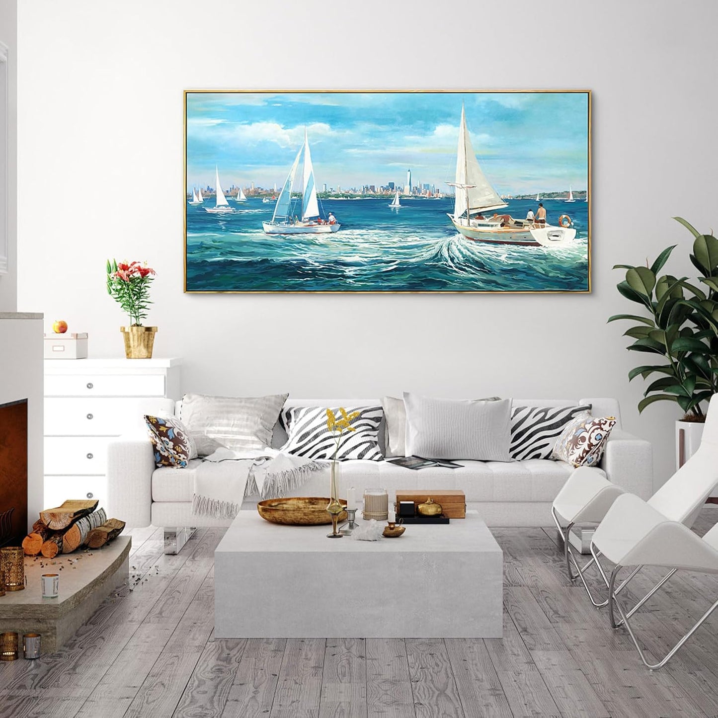 XLSJERST Large Blue Canvas Wall Art Seascape Painting - Landscape Picture Textured Navy Modern Sailboat Ocean Artwork Framed for Living Room Bedroom Bathroom Home Office Wall Decor Large Size 29"x58"