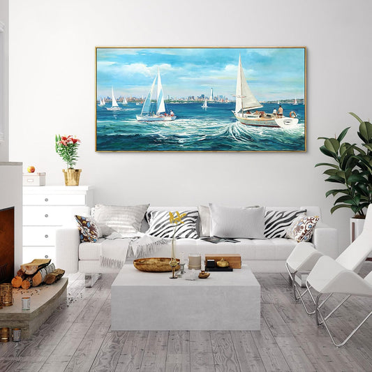 XLSJERST Large Blue Canvas Wall Art Seascape Painting - Landscape Picture Textured Navy Modern Sailboat Ocean Artwork Framed for Living Room Bedroom Bathroom Home Office Wall Decor Large Size 29"x58"