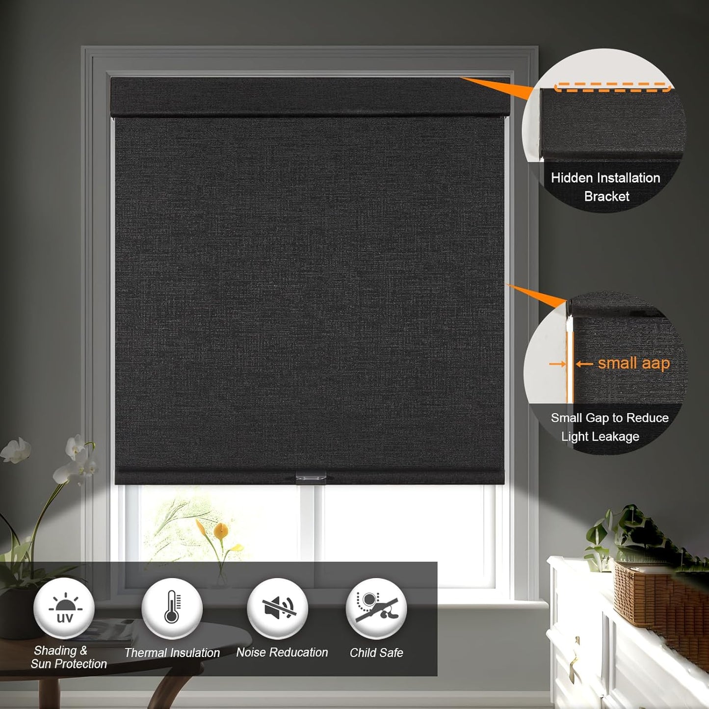 Persilux Free-Stop Cordless Blinds for Indoor Windows with Cover, Window Shades Blackout Roller Blinds, Thermal Insulated Fabric UV Protection for Kitchen, Office, Living Room, Black(52" W x 72" H)