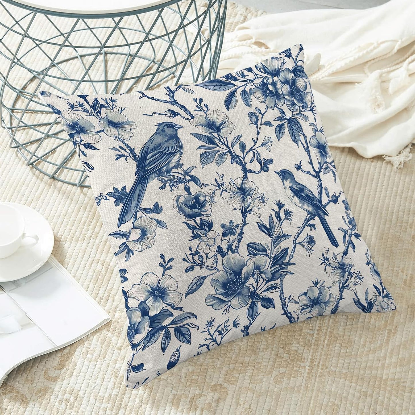 Navy Blue Spring Floral Pillow Covers 18 x 18 Inch Set of 2 for Chinoiserie Vintage Flowers Bird Decor Throw Pillows Plant Farmhouse Outdoor Decorative Cushion Cases for Couch Bed Decorations