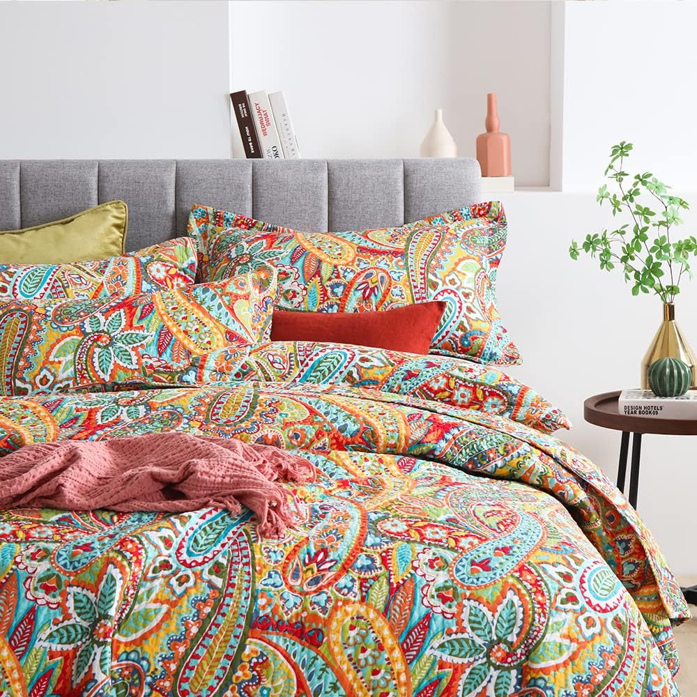 Autumn Dream Cotton Bedspread Quilt Sets, 3 Pieces Reversible Comforter Coverlet Sets, Yellow Gorgeous Paisley Bedspread,King Size