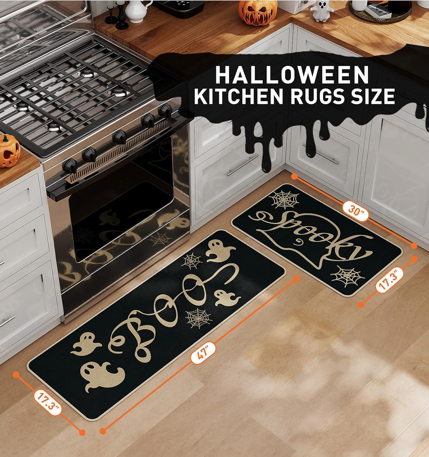 Halloween Kitchen Mat Set of 2, Spooky Spider Web Ghosts Boo Halloween Decor, Halloween Rug for Floor, Indoor Home Decor with Non-Slip Backing,17 x 29 Inch & 17 x 47 Inch