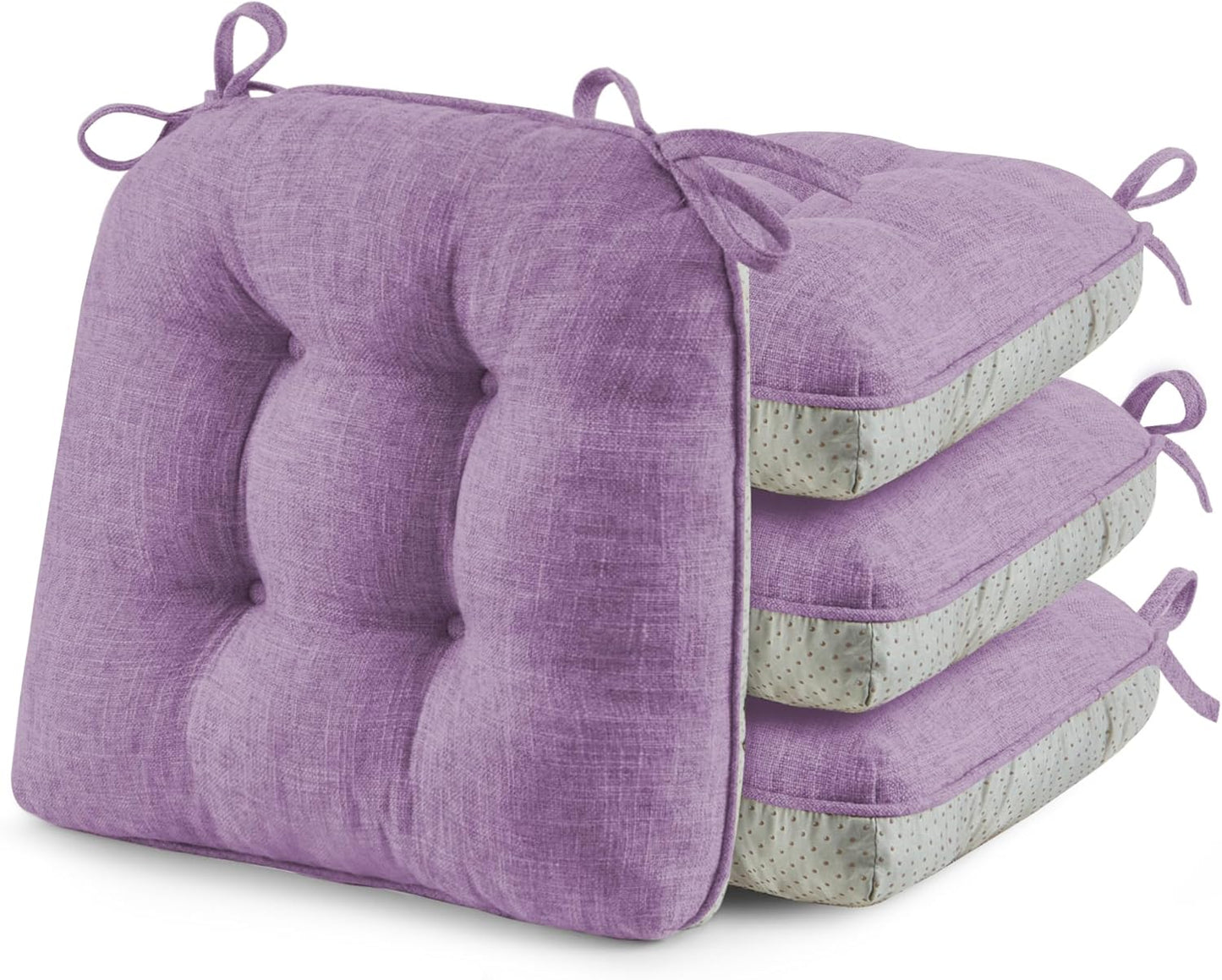 puredown® Chair Cushions for Dining Chairs, Tufted Memory Foam Chair Pads with Non-Slip Backing, Kitchen Seat Cushions with Ties, Washable Seat Pads Set of 4, 15.5" x 15.5" x 4", Purple