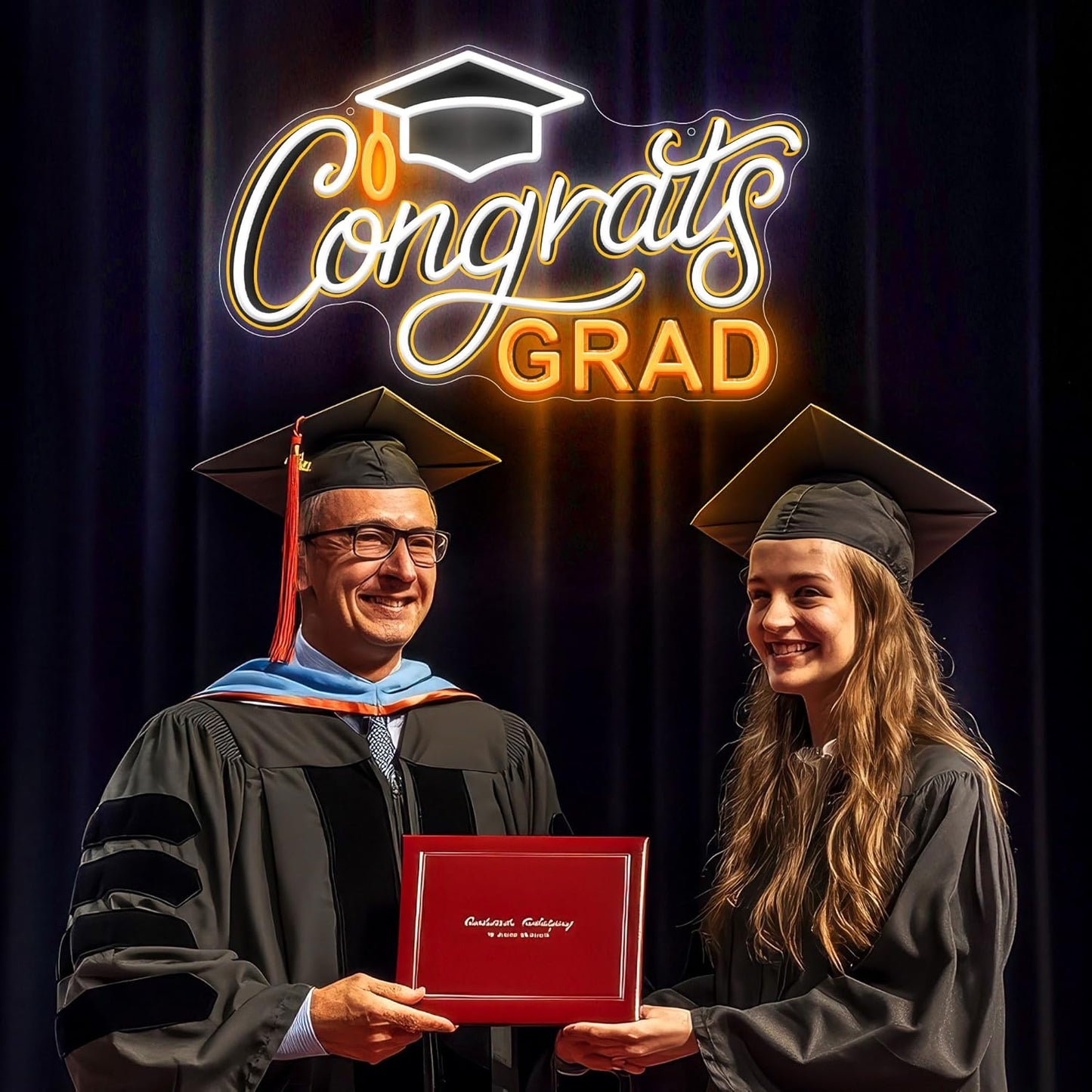 SELICOR Congrats Graduation Neon Sign with Cap - 15" x 8", Adjustable LED Light Up Sign for Prom Party, Photos, Class of 2025 Celebrations, Graduation Gift for Dorm Backdrop Room Decor