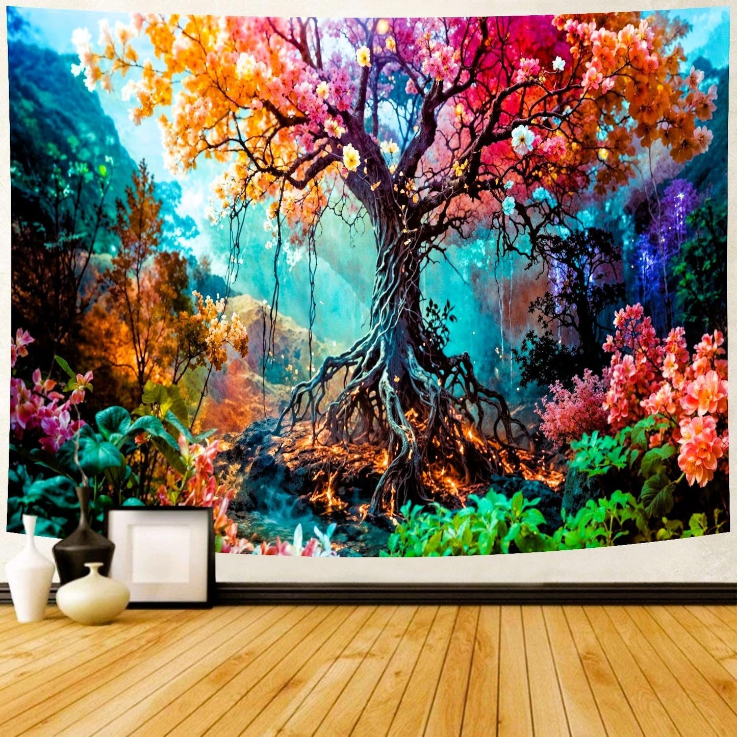 Delur Forest Tapestry Tree of Life Fantasy Tropical Rainforest Tapestry Wall Hanging Colorful Nature Mystical Landscape Psychedelic Spiritual Headboard for Bedroom Living Room Home Decor (70.8" x 92.5")