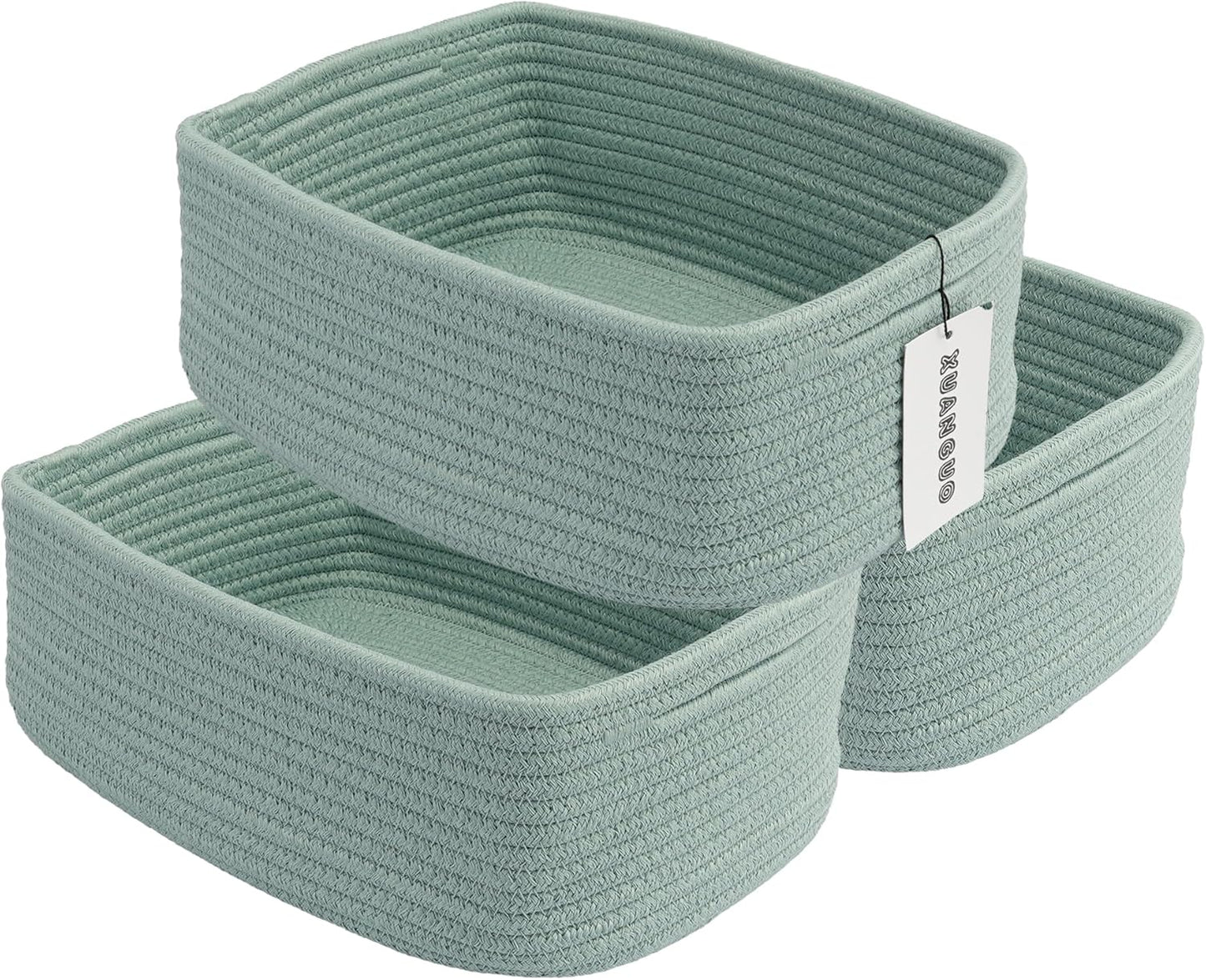 Small Woven Storage Baskets 12“X8”X5“ Decorative Rope Bins for Organizing Shelves, Closets, and Toys, Empty Gift Baskets, Cute Organizer Basket for Home and Office (green, regular)