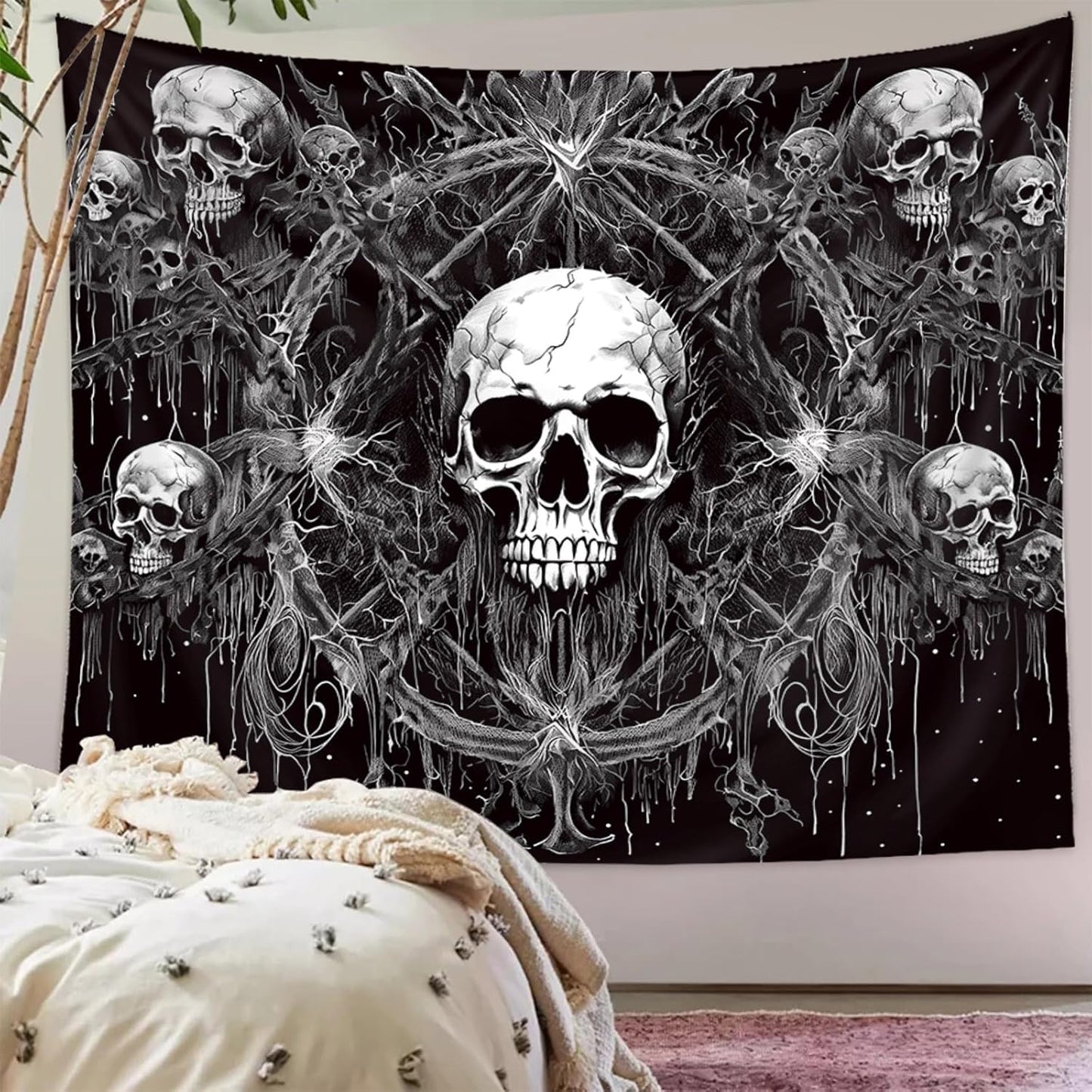 Tapzen Gothic Black and White Wall Tapestry - Dark Skeleton Horror Design - Aesthetic Cool for Bedroom, Living Room or Dorm (90 x 70 inches)