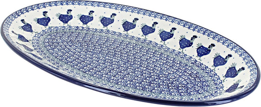 Blue Rose Polish Pottery Barnyard Rooster Oval Platter