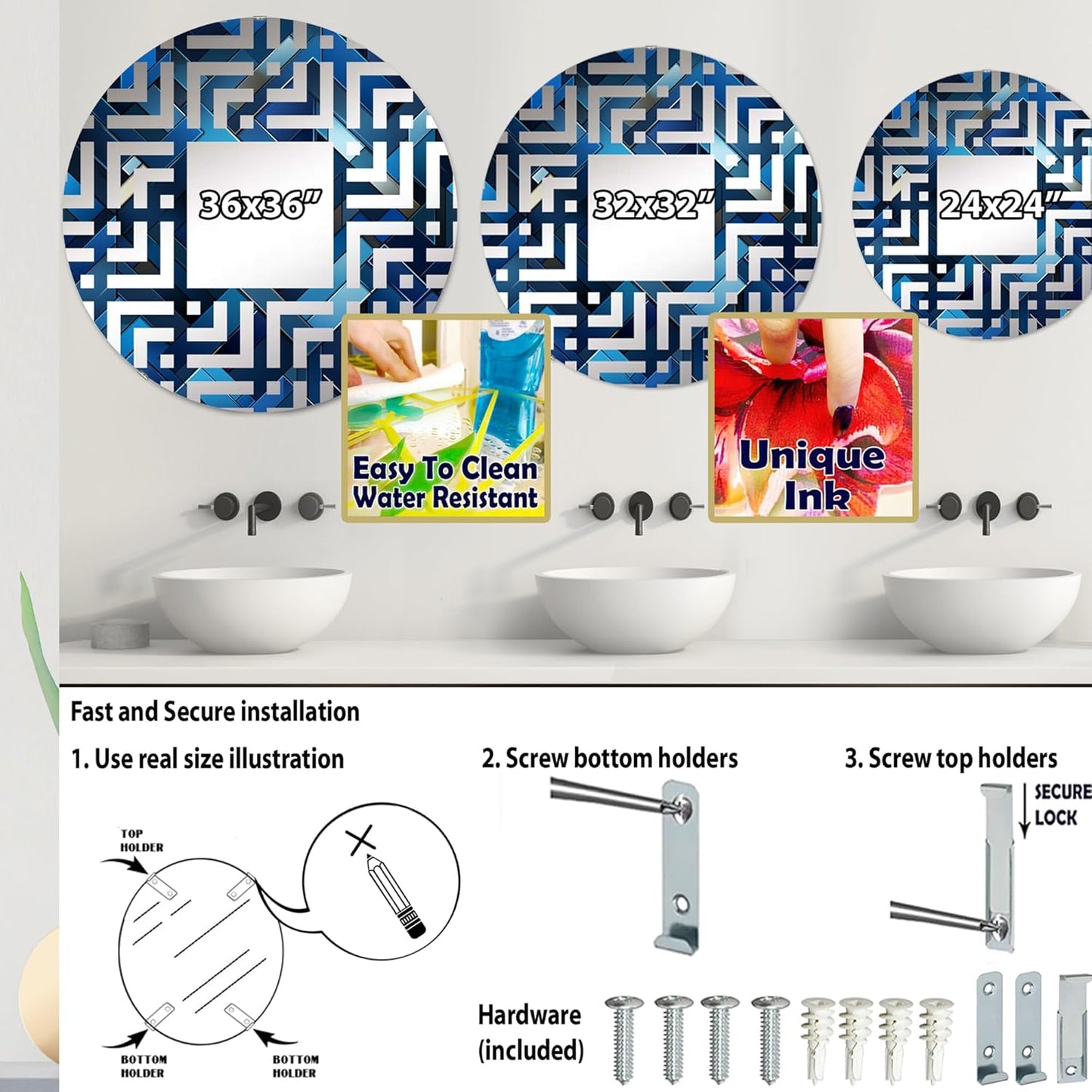 Symmetric Cubes in Deep Cobalt Blue - Geometric Maze - 32 Inches - Round Decorative Wall Mirror for Bathroom, Bedroom, Entryway, Living Room, Vanity Room and Modern Décor