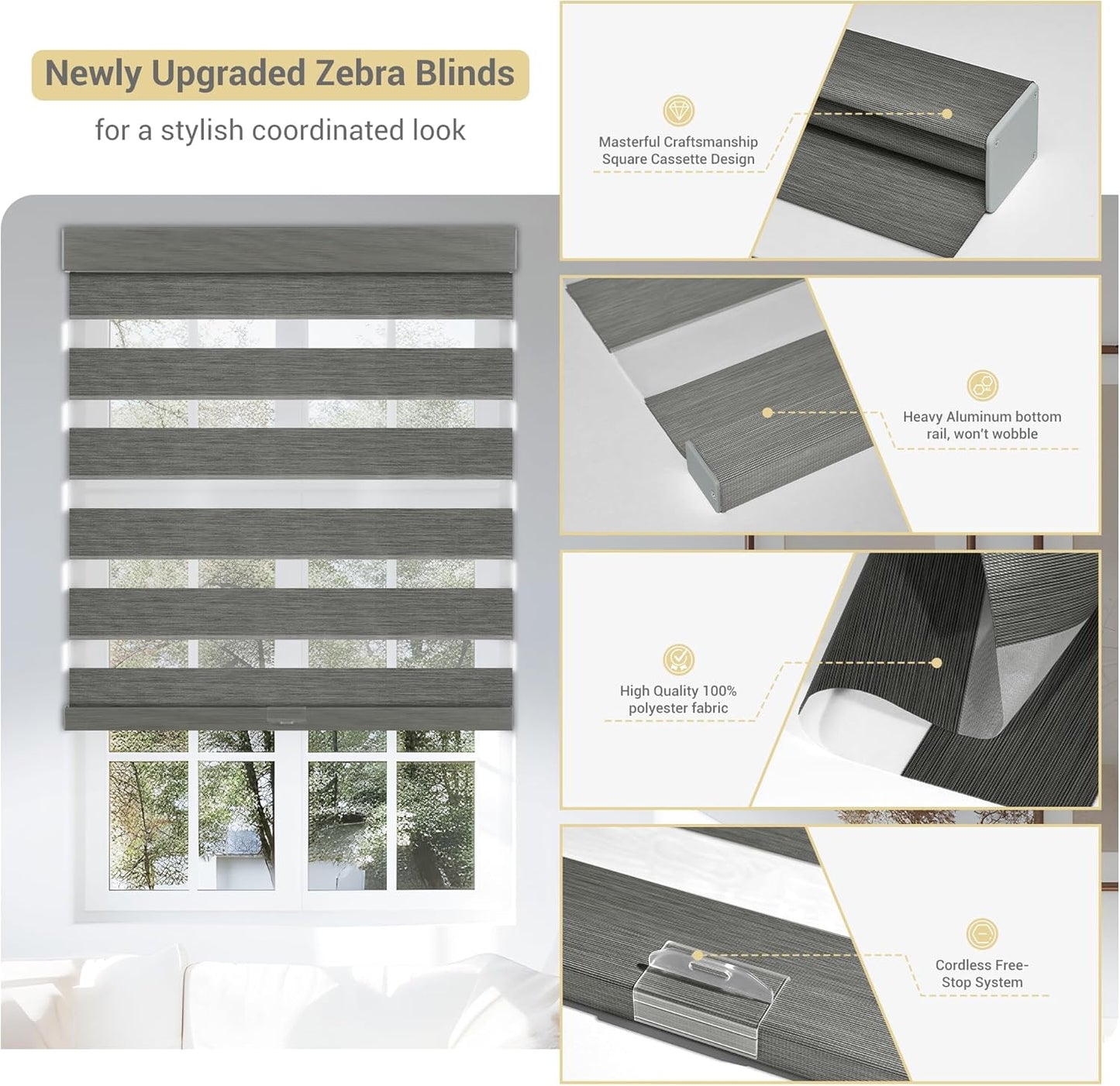 Cordless Zebra Blinds for Windows, Blackout Interior Blinds,Easy to Install,UV Protection,for Offices and Home,Custom Roller Shades, Mousse Grey,20" W x 72" H