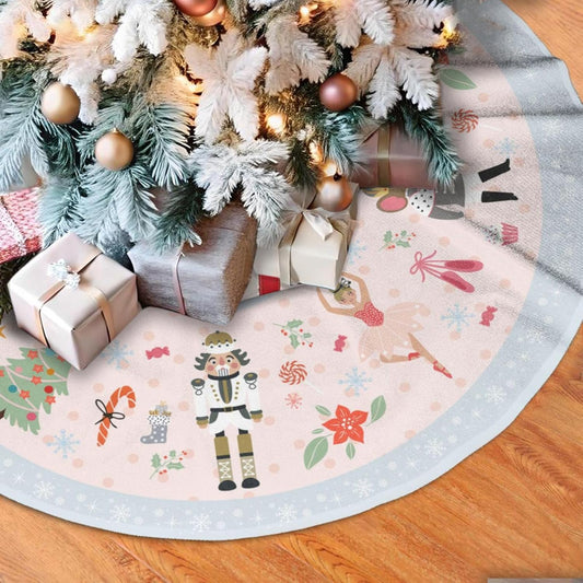 36" Cute Nutcracker Christmas Tree Skirt, Pink Sweet Candy Snowflakes Tree Mat Base Cover for Xmas Festive Holiday Party Decoration Ornaments