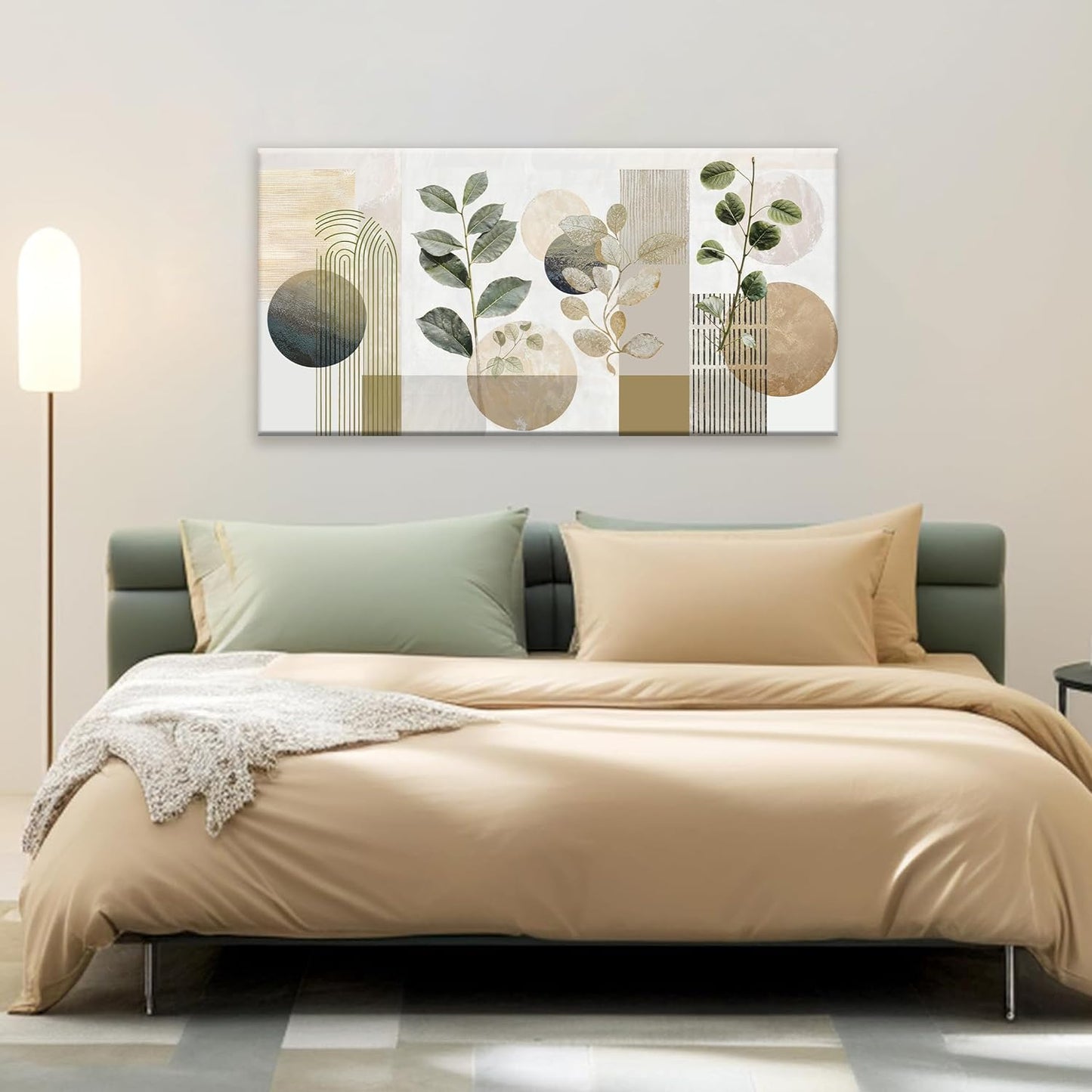 TAIJXAGSG Green Boho Wall Art Minimalist Canvas Wall Art Decor Geometric Line Leaf Beige Green Wall Art Canvas Artwork Print Paintings Abstract Art Botanical Boho Room Office Home Wall Decor 20"X 40"