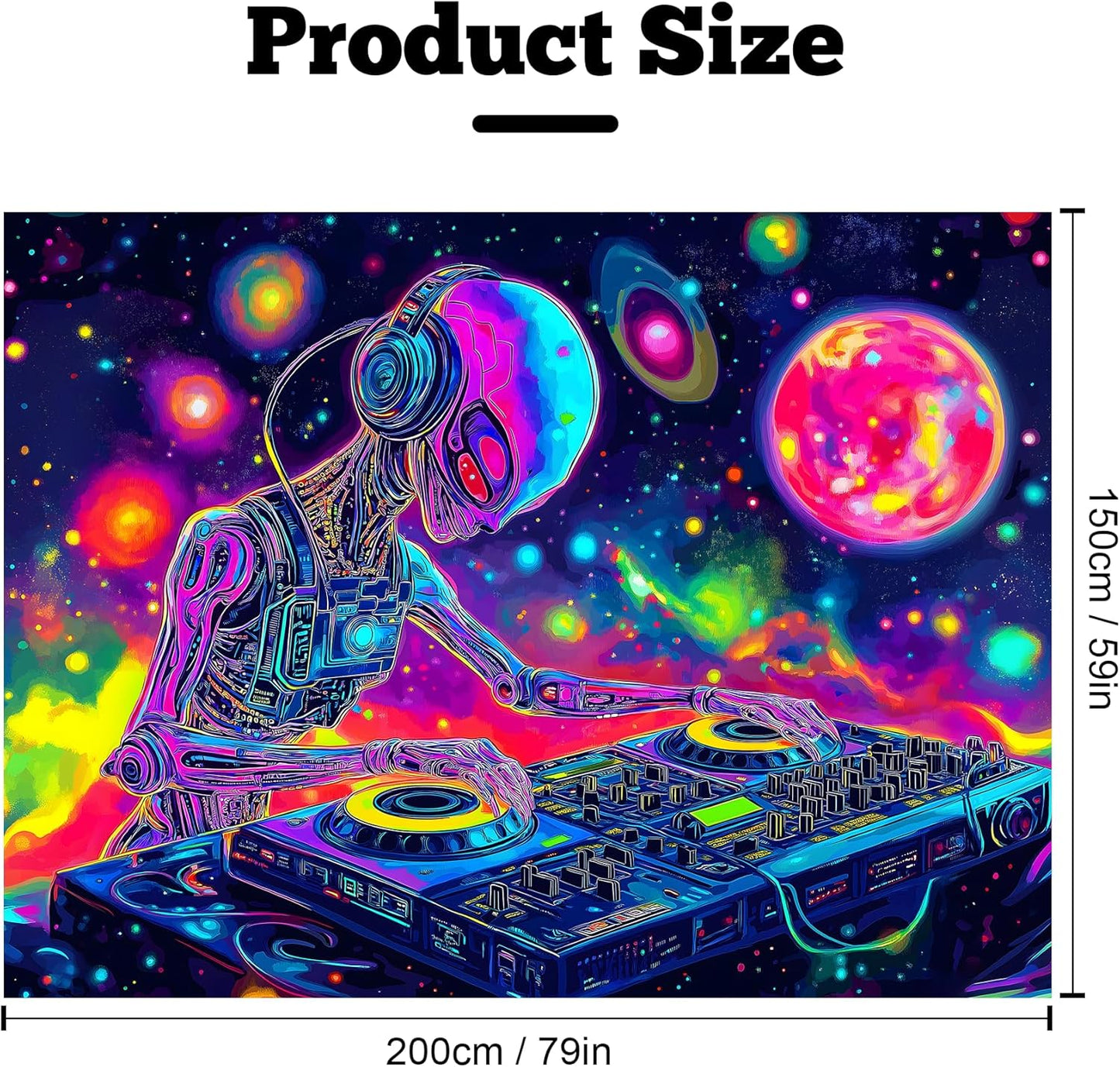 BVBOX Blacklight Space Alien Tapestry 79"x59", UV Reactive Glow in Dark DJ Alien Universe Galaxy Planet Music Tapestries, Black Light Neon Upright Poster Wall Hanging Backdrop Decor for Bedroom Living Room