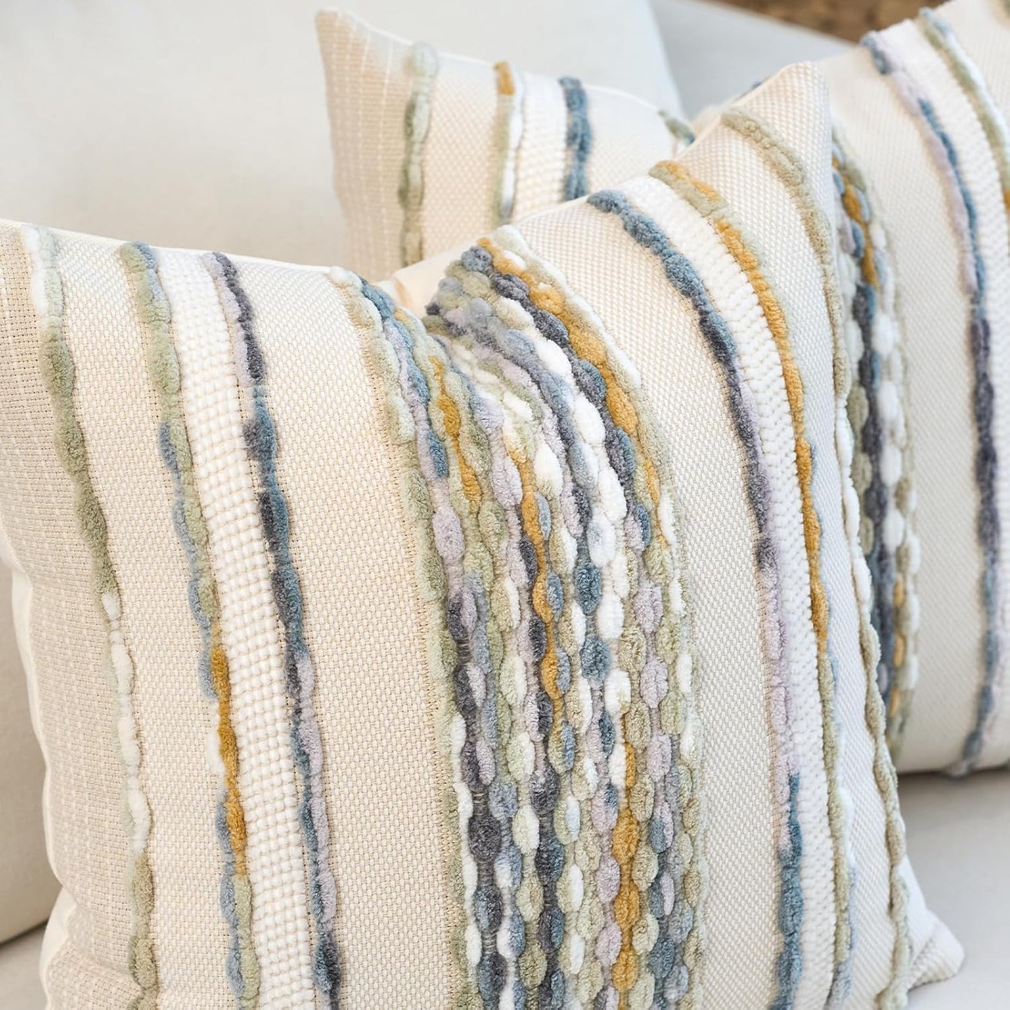 Aeckself Boho Pillow Covers 18x18 Inch Set of 2, Farmhouse Decorative Striped Square Chenille Tufted Accent Neutral Throw Pillow Covers for Living Room Couch Bed, Gray Blue