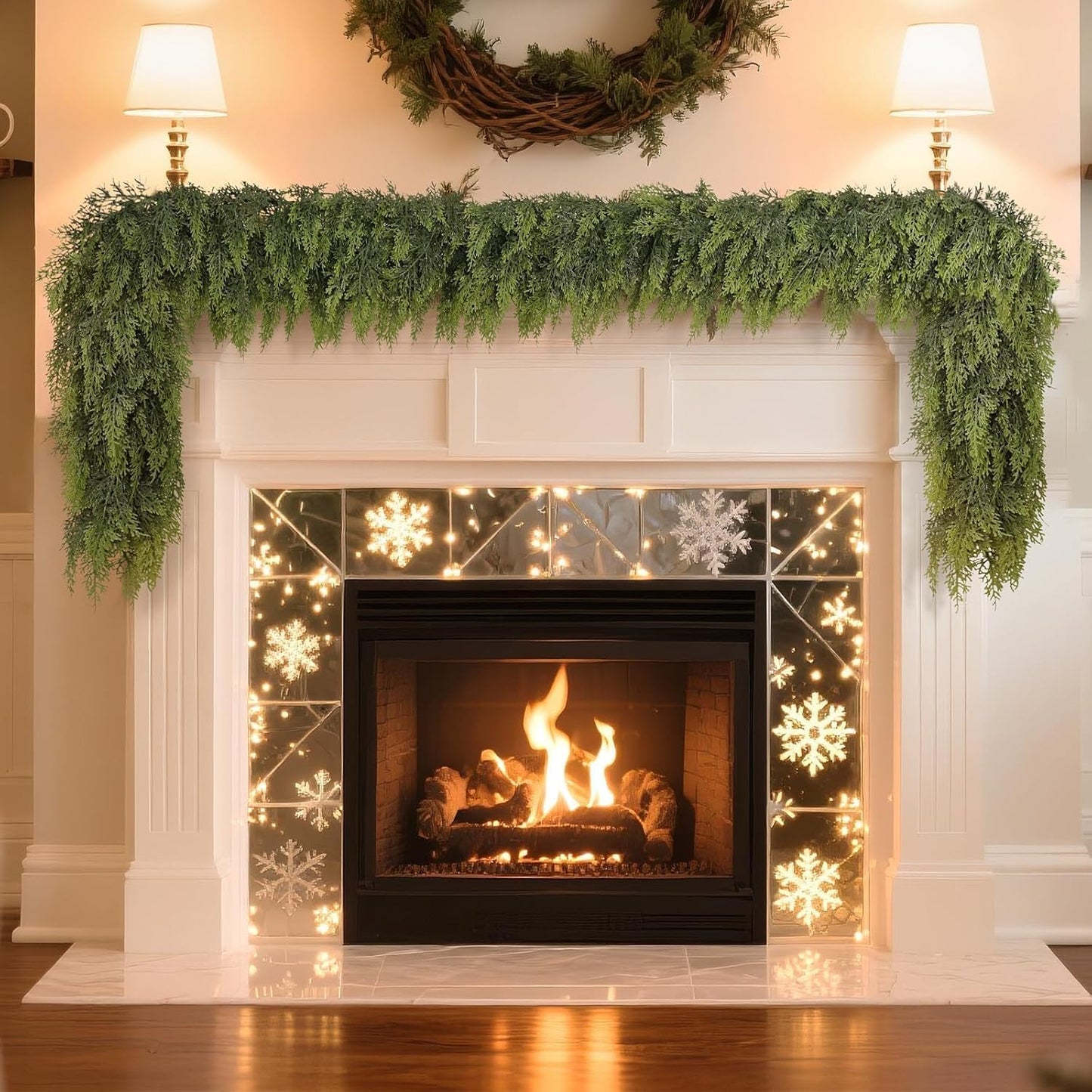 Real Touch Christmas Cedar Garland -9ft Artificial Garlands Faux Cedar Fake Pine Needles Garland for Fireplace,Table,Window,Stairs,Mante,Holiday Indoor Outdoor Xmas Decor(2PCS)